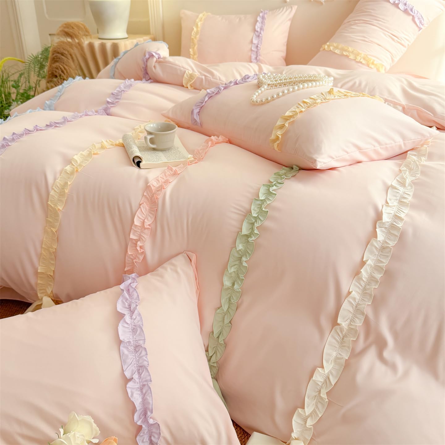 Rainbow Ruffles Bedding Set with Bow,Colorful Striped Duvet Cover, Cute Princess Style 2 PCS Duvet Cover Set-1 Duvet Cover and 1 Pillowcases for Girls Teens Bedroom,No Comforter