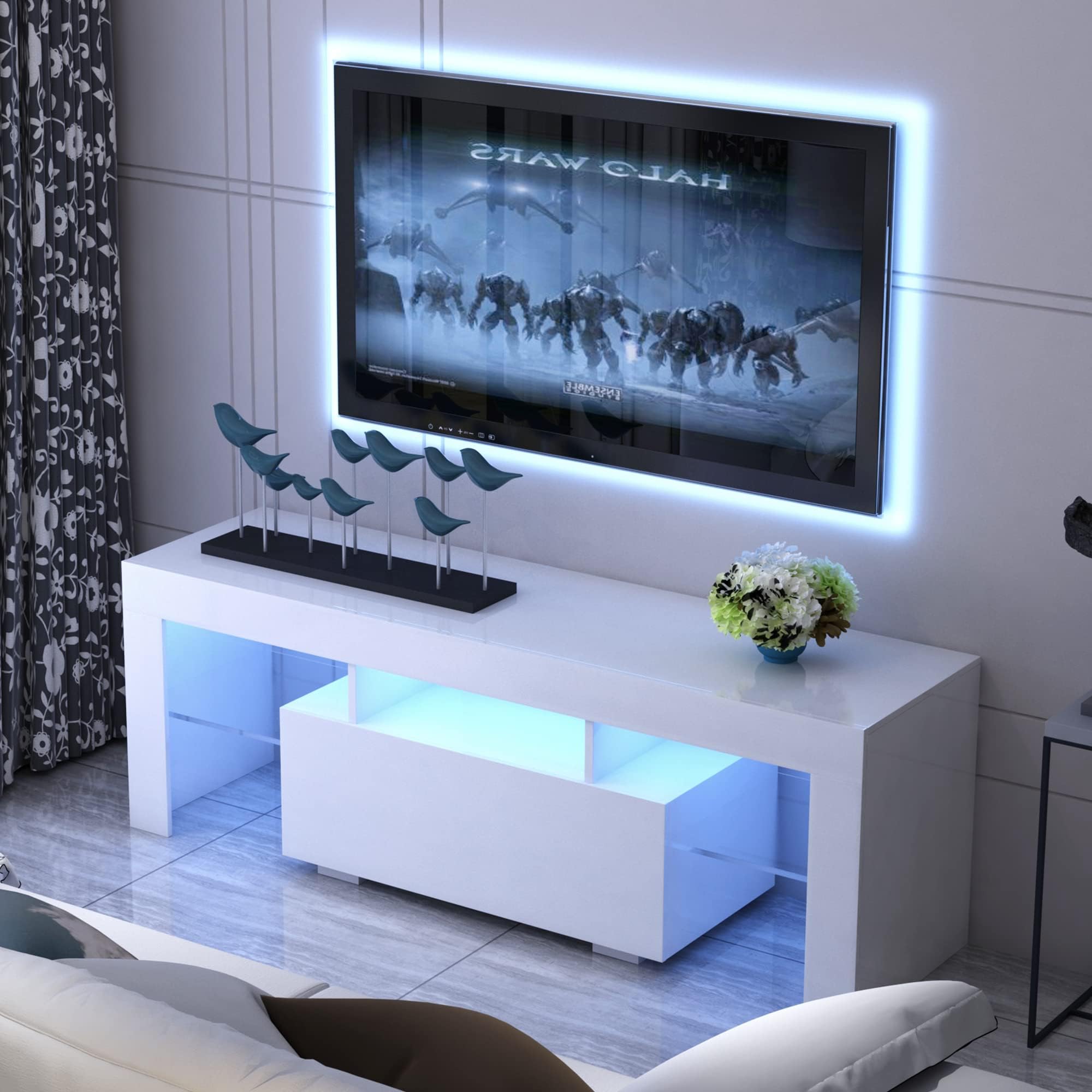 WERSMT LED TV Stand for 60 Inch TV, Entertainment Center with Shelves and Drawer, Modern TV Consoles for Living Room Bedroom, High Gloss TV Table, White