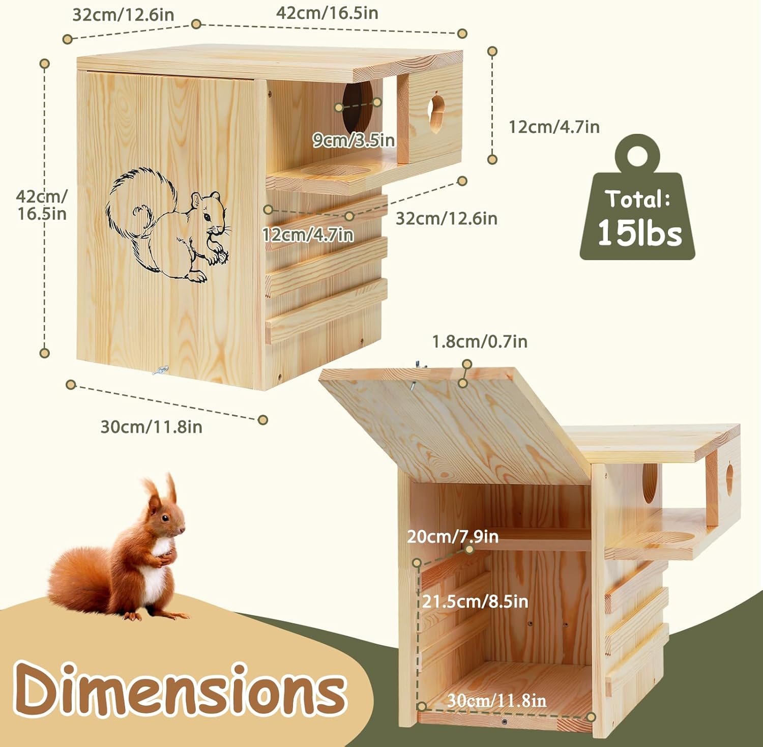 Large Squirrel House for Outside - INRLKIT Extra Large Squirrel Boxes for Outside with Exterior Porch, Wooden Squirrel Nesting Box for Chipmunks and Small Animals, Easy Assemble