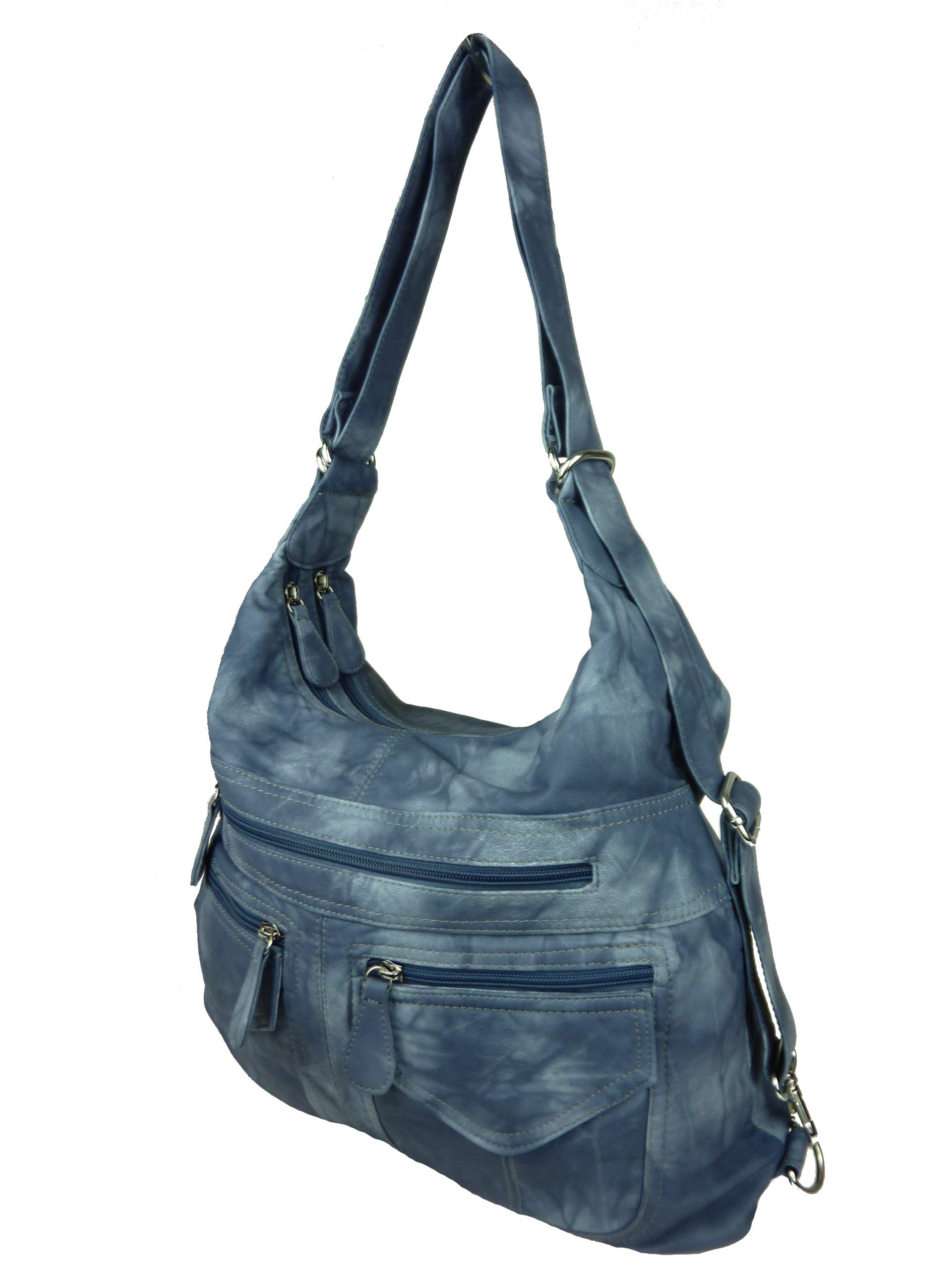 Rucksacktasche I 2in1 Damen Rucksack und Handtasche in Einem I Schultertasche einfarbig uni und batik I Damen-Tasche sportlich & leger (jeansblau blau)