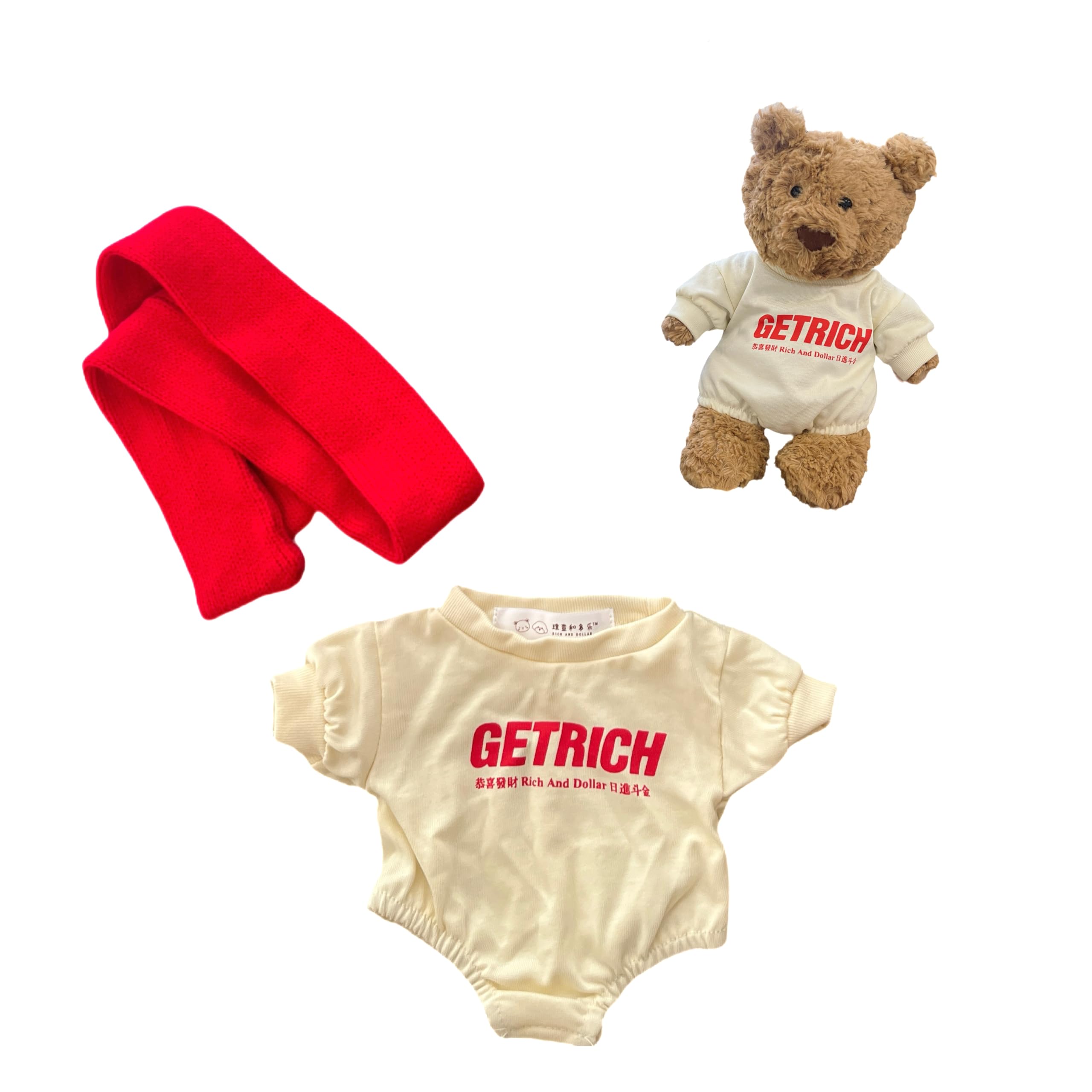12inch Teddybear Clothes Chinese New Year Doll Clothes,Clothes for bumbly and Bartholomew Bear,Stuffed Animal Outfit fis,Clothes only Without Doll(2pc Includes 1 Doll Jumpsuit 1 Doll Scarf)