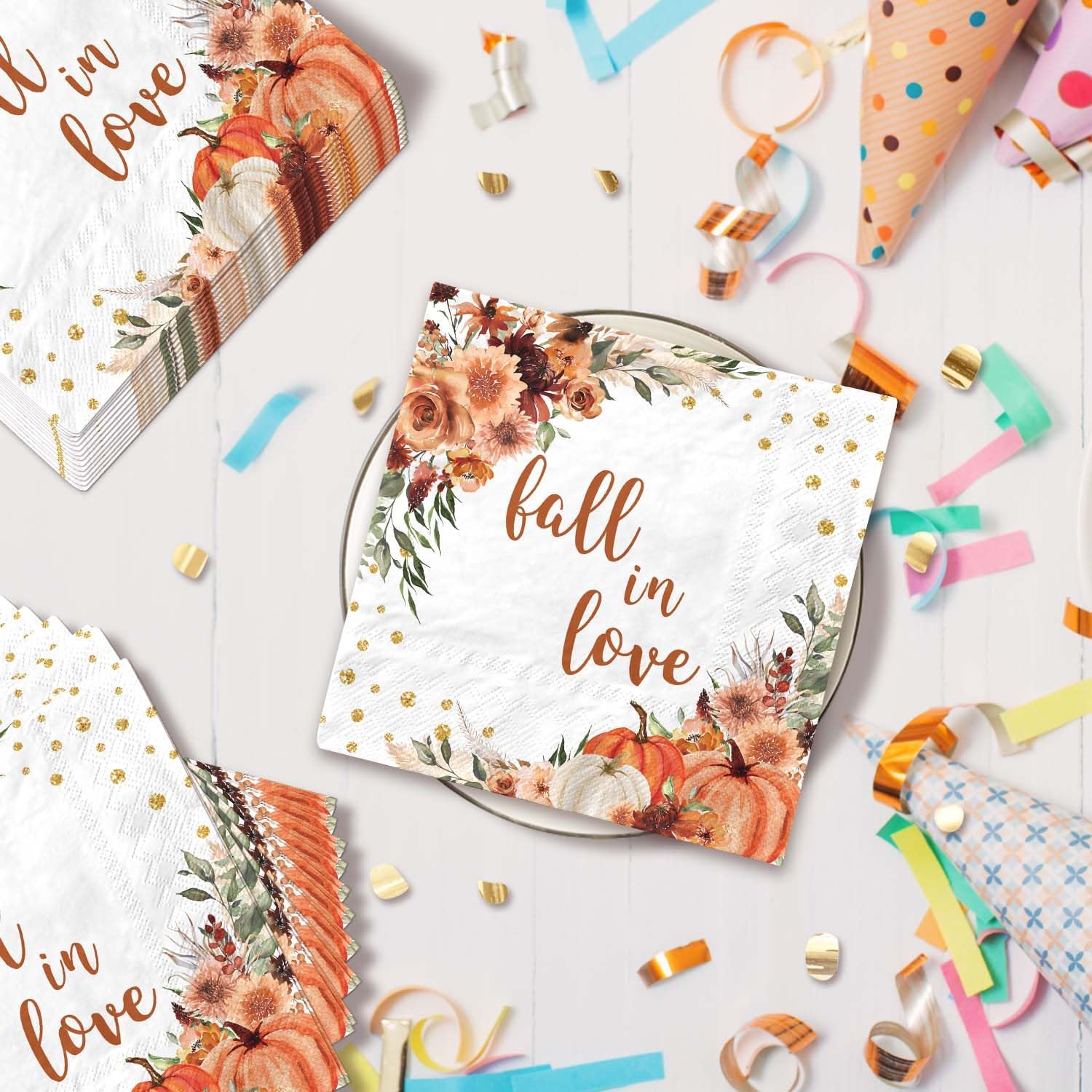 80 Pcs Fall in Love Bridal Shower Paper Napkins Boho Floral Wedding Party Disposable Napkins Pumpkin Bride Shower Napkins for Autumn Party Supplies Table Decor