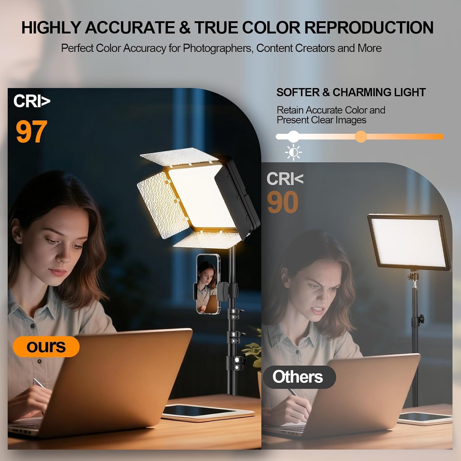 EMART - Juego de 2 luces de video LED, luz de estudio con soporte para teléfono y puerta de granero, iluminación de fotografía regulable de 2800-7000 K para grabación de video, trípode de 60 pulgadas
