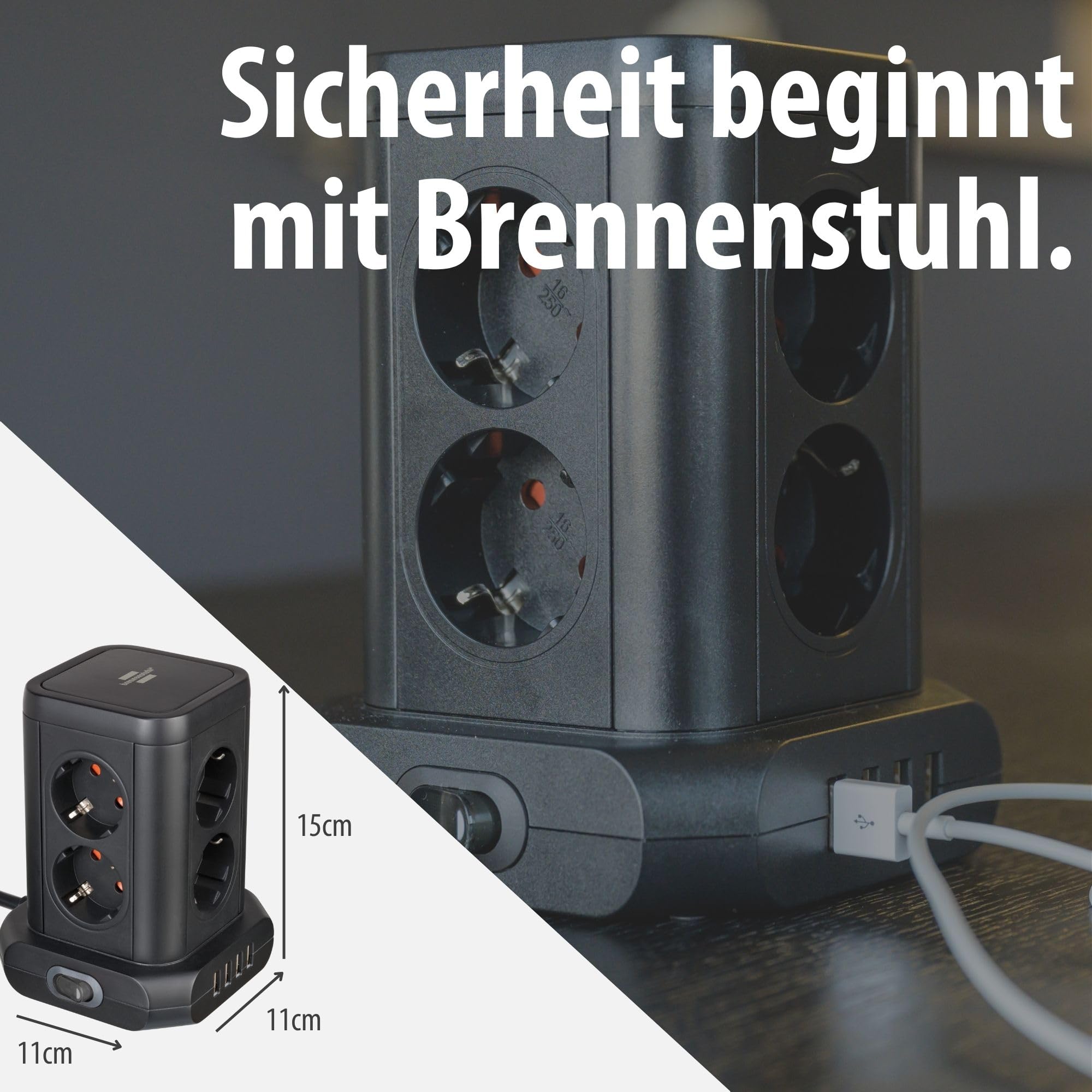 Brennenstuhl Steckdosenturm 8-Fach mit USB (Steckdosenblock 8-Fach mit 4X USB, Steckdosen in 45°-Anordnung, 2m Kabel) schwarz