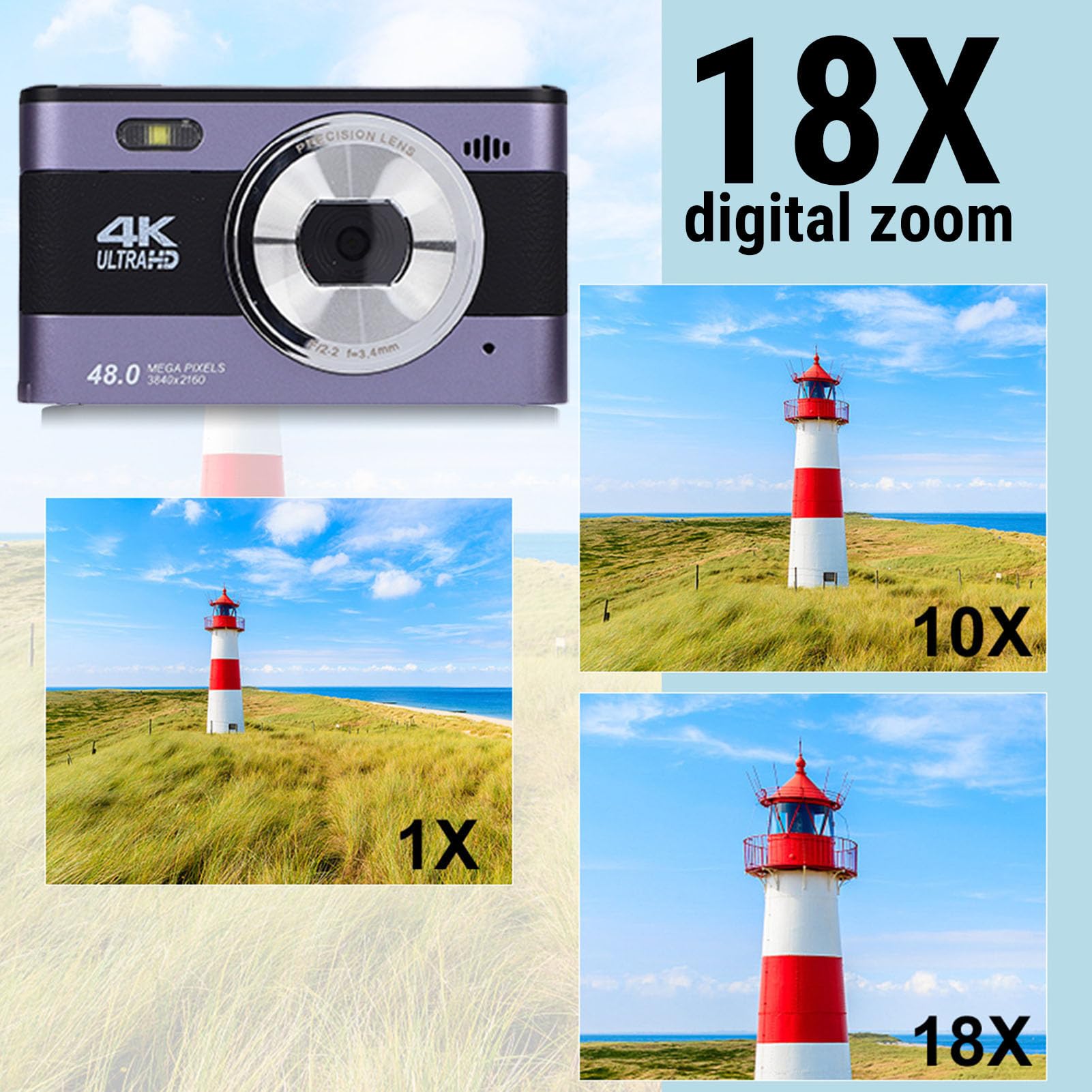 Bewinner Camera Digitale 4K per Fotografia, Fotocamera da Vlogging da 48 MP con Schermata da 3 ", Luce di Riempimento a LED, Videocamere da Viaggio Compatto Zoom 18x Zoom per Principianti (Viola)
