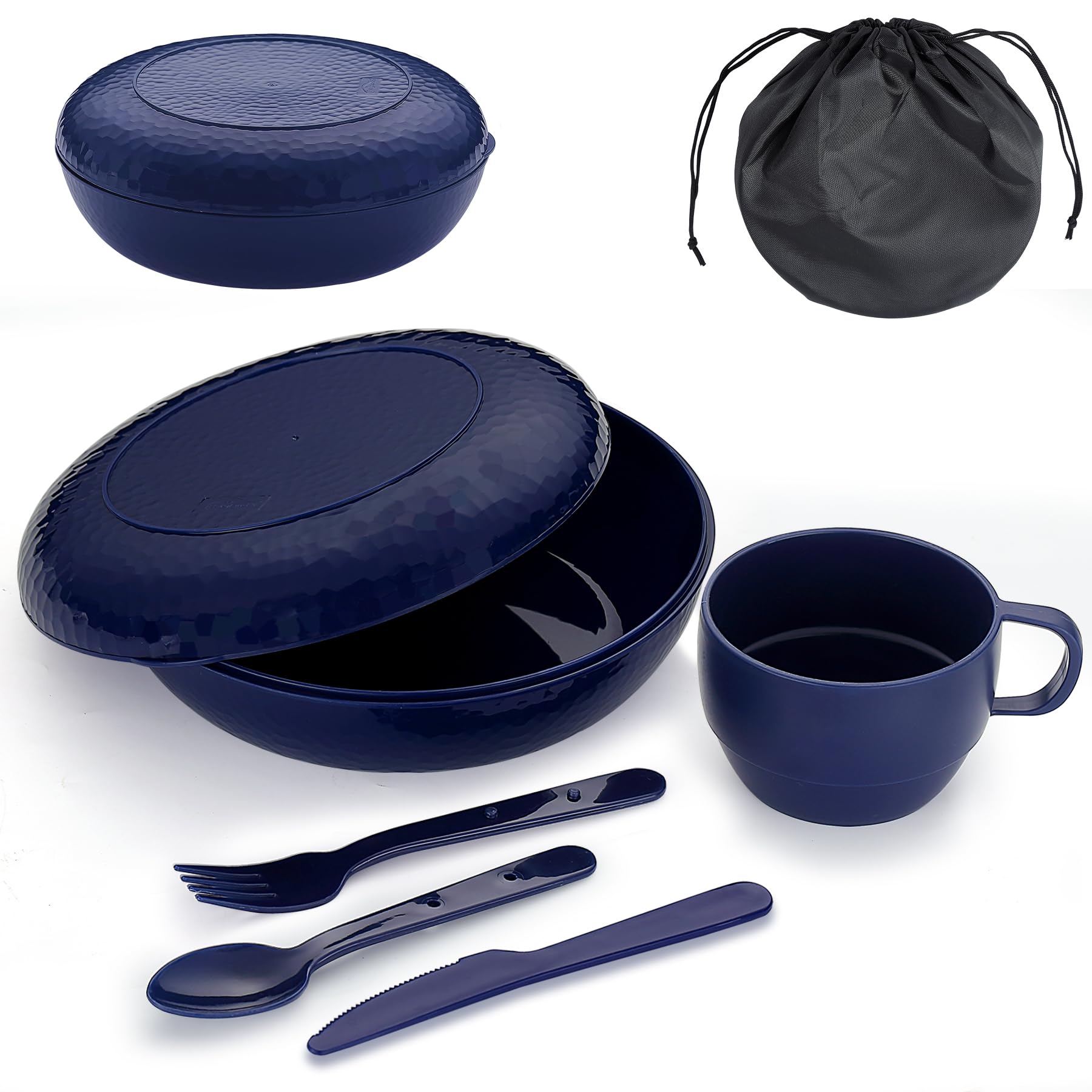 Evanda Kit Vajilla Camping, Plato, Taza, Cuchara, Tenedor, Cuchillo y Bolsa de Transporte, Reutilizable Accesorios para Acampar Equipo Esencial Ligero y fácil de Transportar o Poner en la Mochila
