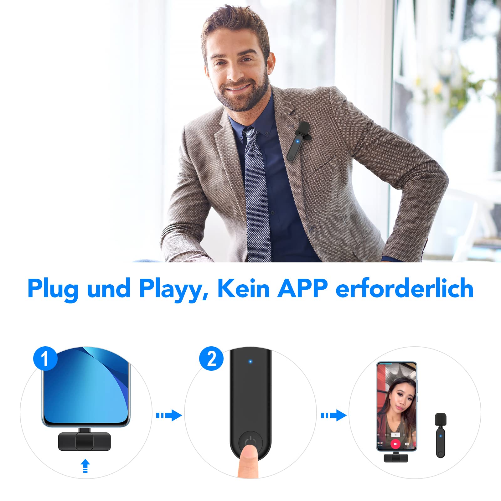 AGPTEK Mikrofon, Lavalier Mikrofon für iOS/Android, Mini Microphone Plug & Play, Rauschunterdrückung, Lavalier Mikrofon Wireless für YouTube/Facebook-Live-Stream, TikTok, Vlog, Live Stream, Konferenz