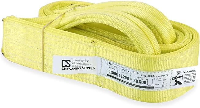 Chenango Supply 4" x 12 Nylon Lifting Web Sling USA Made, 15,300 lb Vertical, 12,200 lb Choker, 30,600 lb Basket 3 Ply Heavy Duty 900 Webbing, Type 3 Flat Eye & Eye Rigging Sling 4" x12