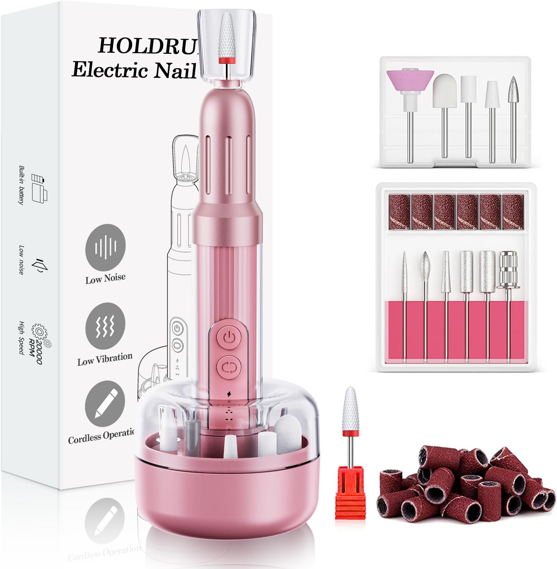 Nail Drill HOLDRUBY, Cordless Electric Nail Drill Professional Nail Filer Efile Electric Nail Files for Gel Nails, Nail File Drill Kit Manicure Pedicure Pink