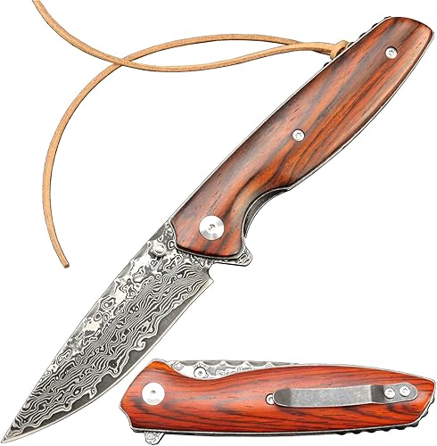 Sitivien ST240 EDC Cuchillo plegable de acero Damasco con mango Dalbergia, bloqueo de hoja de núcleo VG10 y clip para cinturón, cuchillo de