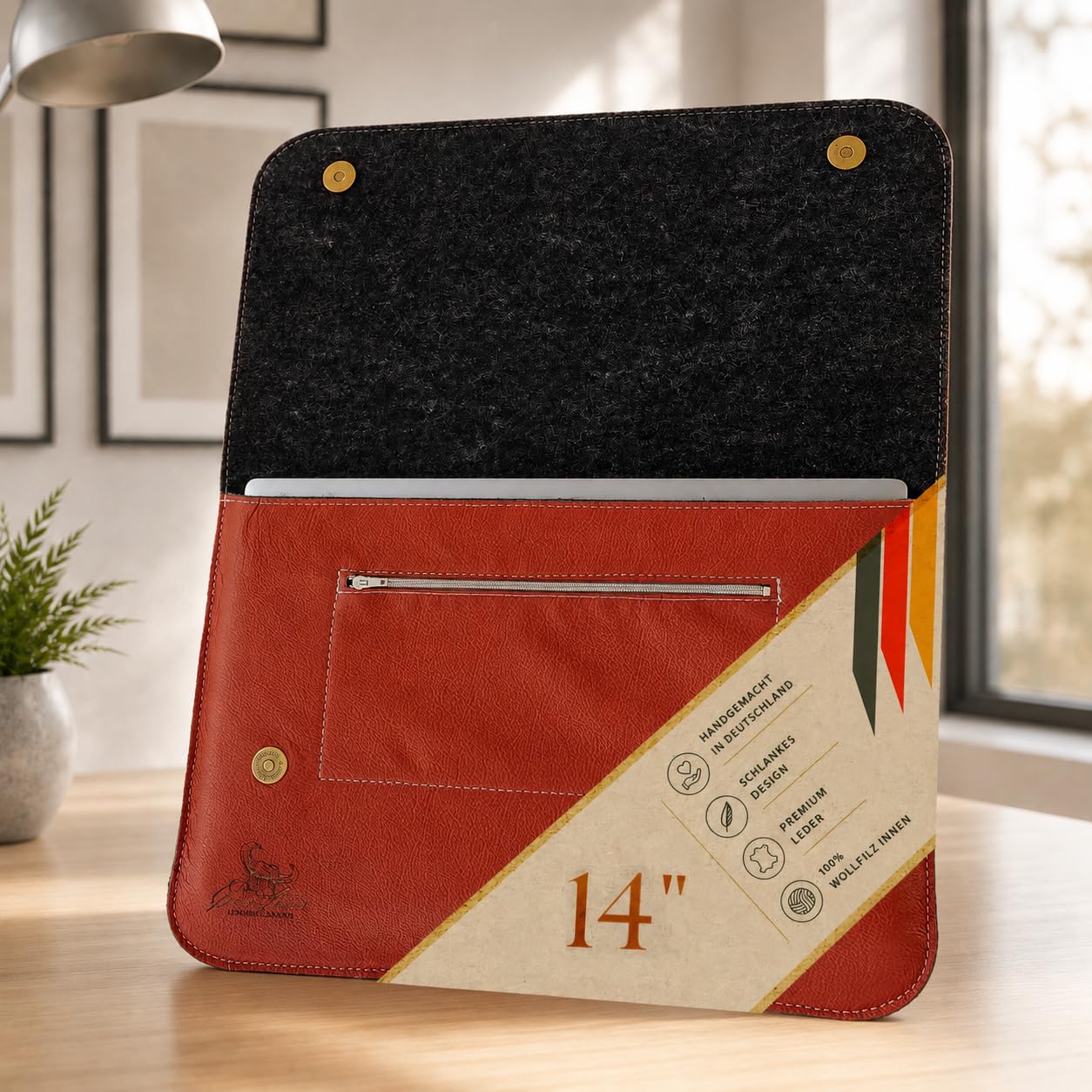 Centaur Custodia per laptop di alta qualità in vera pelle italiana e 100% feltro di lana, realizzata in Germania, elegante custodia con scomparto extra, custodia protettiva per notebook da 14", colore