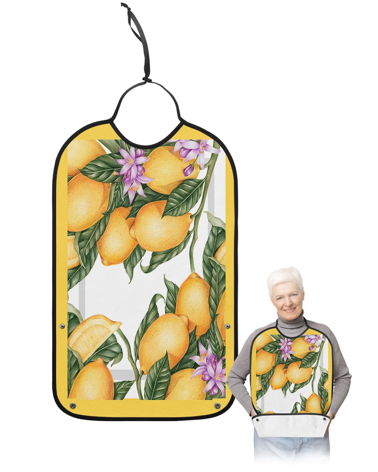 Summer Lemon Adult Bibs for Eating, Waterproof Bibs with Food Catcher & Adjustable Snap Closure, Yellow Lace Spring Floral Farmhouse Washable Clothing Protectors Adult Bibs for Elderly Women/Men