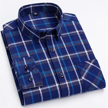 Rfmfkkg Mens Cotton Checked Shirt Long-Sleeve Casual Single Patch Pocket Button-Down Collar Shirt