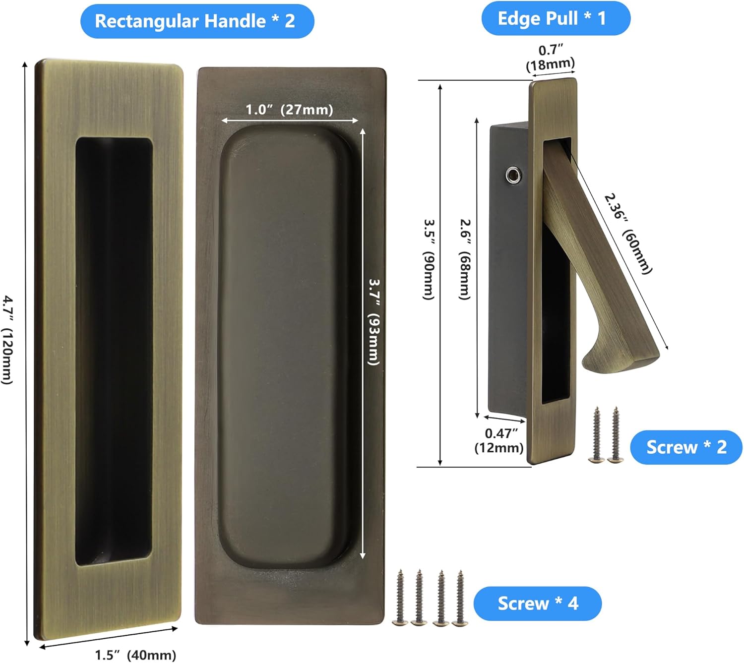 Dontay Sliding Pocket Door Handles, 304 Stainless Steel Non Locking Pocket Door Hardware, Recessed Flush Finger Pulls, Heavy Duty Edge Pull (4 Set, Antique Brass, 4.72 Inch)