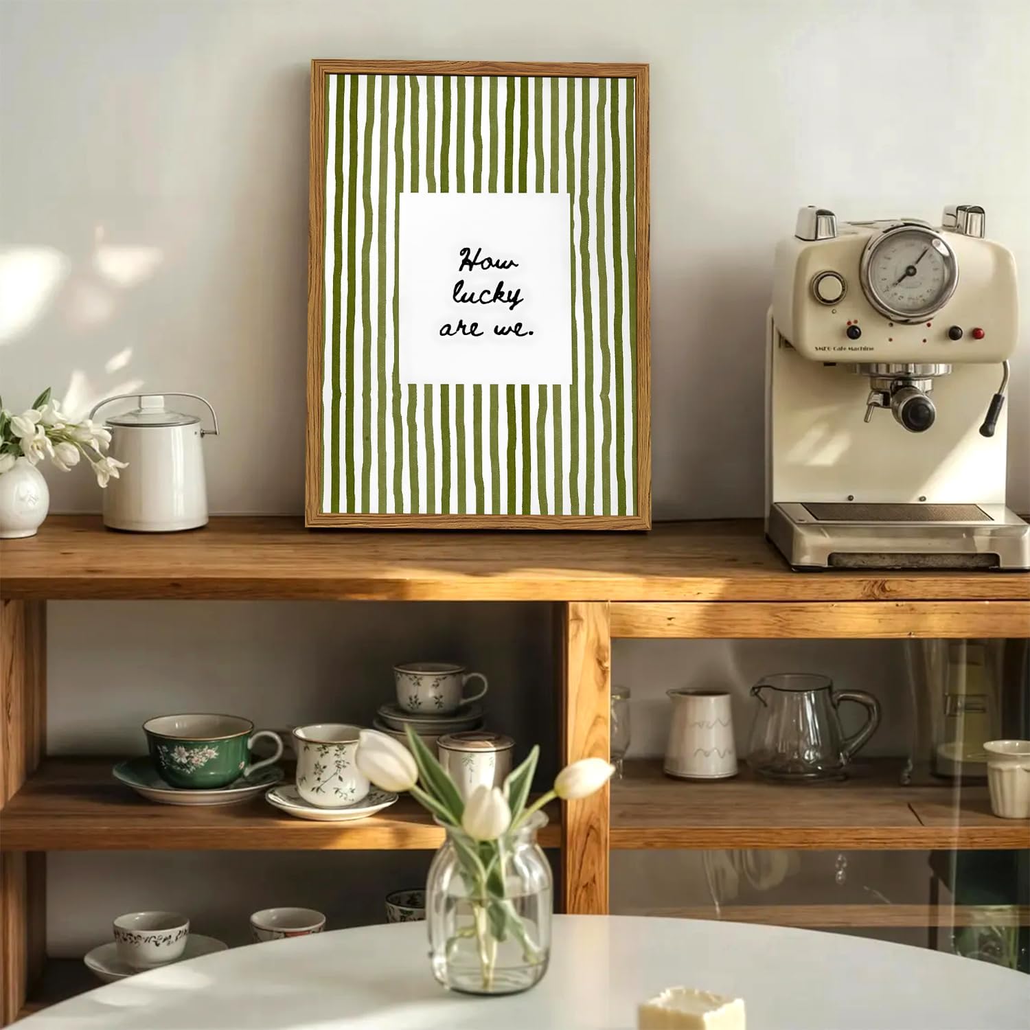 Framed How Lucky Are We Wall Art, Green Striped Pictures Wall Decor, Trendy Inspirational Quote Paintings Canvas Prints Preppy Home Decor for Living Room Bedroom Office Dorm 12x16 inch