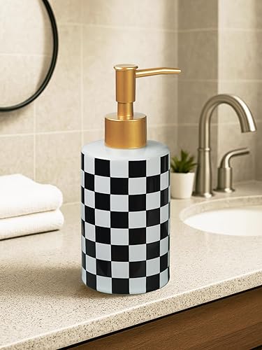 Miniatura 2 de Dispensador de jabón de cerámica a cuadros blanco y negro, plato de loción líquida, dispensador de jabón de tablero de ajedrez, botella con bomba