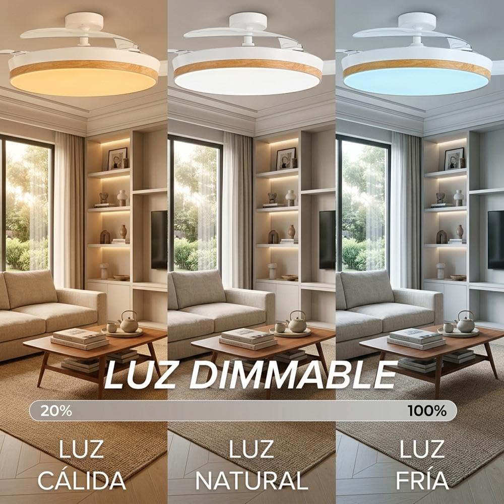 CONCEPT NATURE Ventilador de Techo con luz, Madera | Luz LED regulable, 3 tonos de luz, Motor DC, 6 velocidades, Mando a distancia, Temporizador 2H, Modo verano/invierno