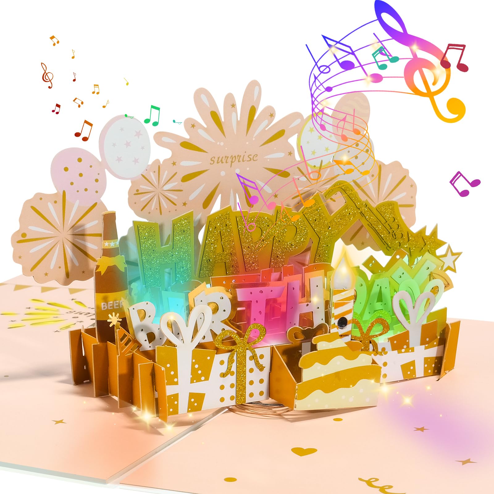 CANREVEL Birthday Cards 3D PopUp Blowable LED Light Candle Cake Music Happy Birthday Card Postcards Greeting Cards Gifts Ideas for Women, Men - Pink