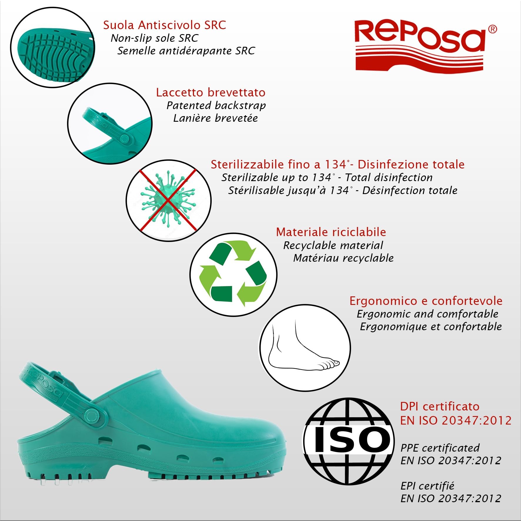 REPOSA Max - Zoccoli Sanitari Donna e Uomo in Gomma con Suola Antiscivolo SRC, Ciabatte Sanitarie Anatomiche con Laccetto Regolabile, Scarpe Sanitarie Sterilizzabili Antishock Traspiranti Leggere - 3