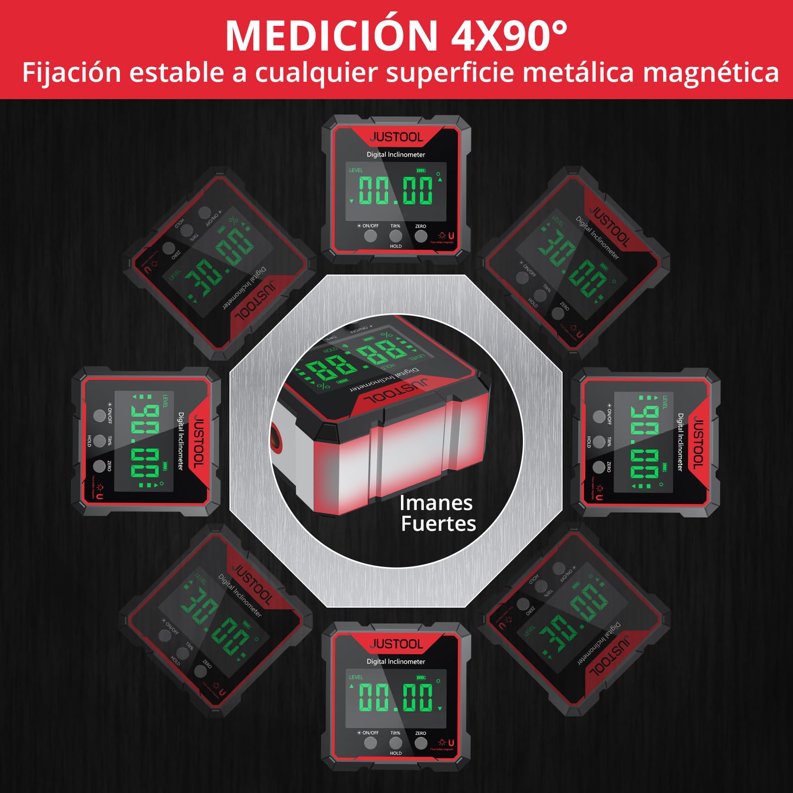 JUSTOOL Inclinómetro digital 4 * 90 con Pantalla LED-Nivel digital 4 lados magnéticos-Transportador láser electrónico Recargable-IP54 Impermeable para Carpintería,Construcción etc