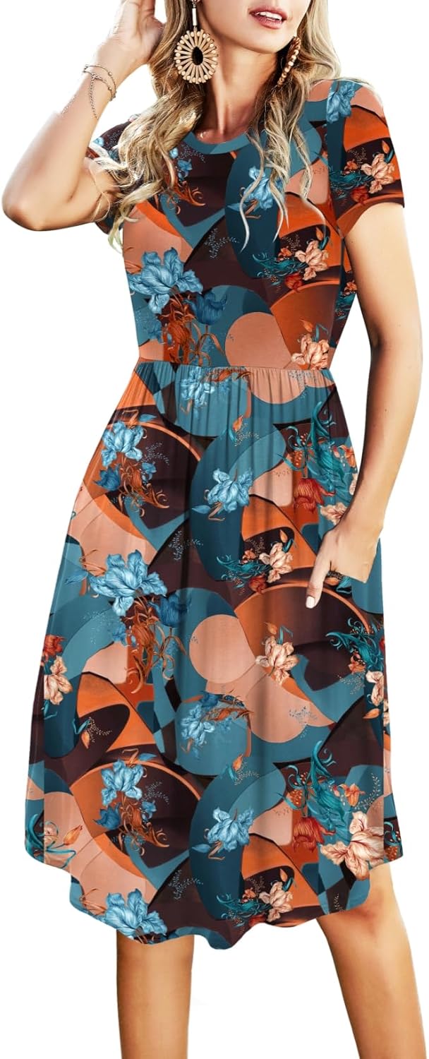 Simier Fariry Womens Summer Pocket Knee Length Teacher Casual Dress Knit Fit Flare Short Sleeve Midi Work Travel Outfits