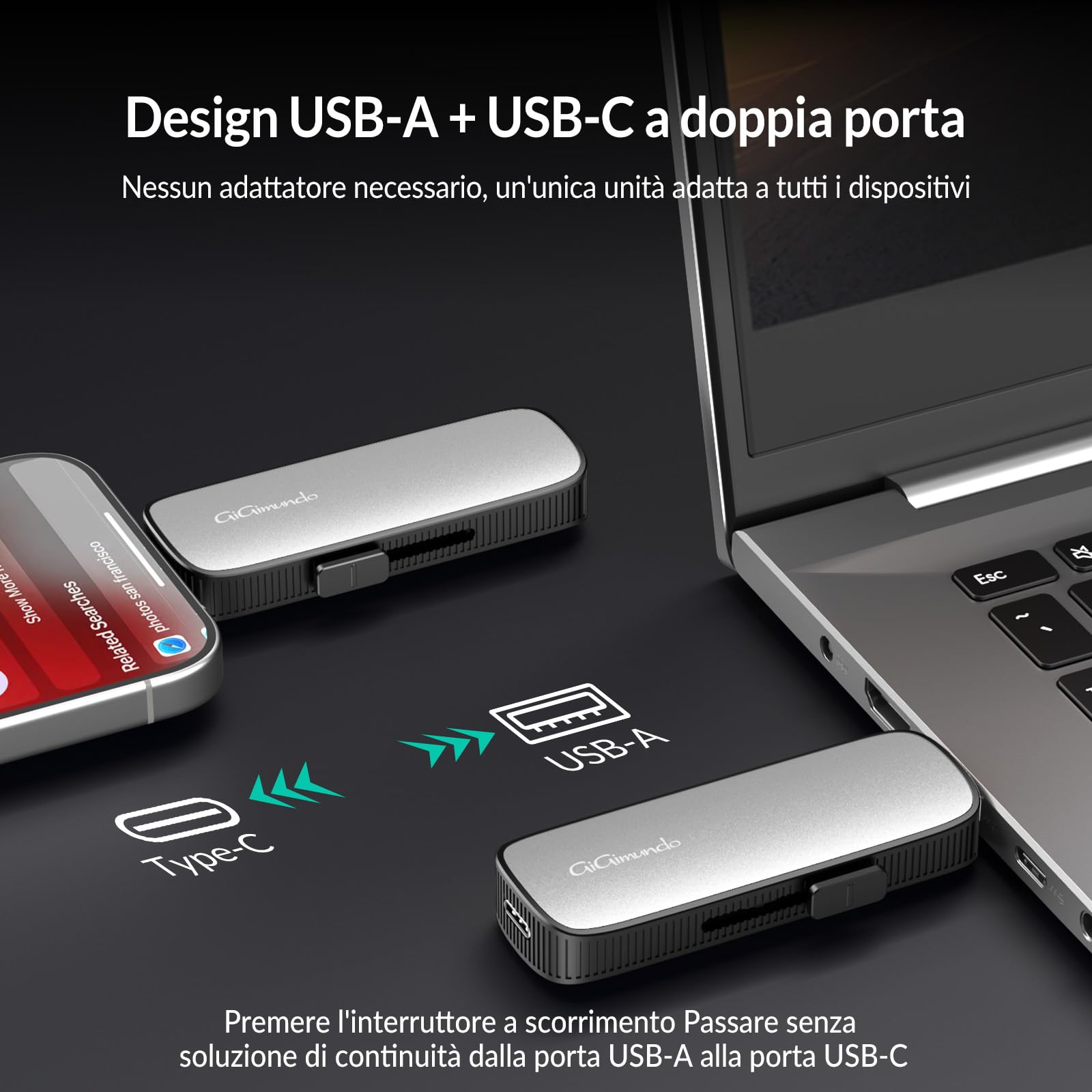 GiGimundo SSD esterno portatile da 128GB USB A+USBC, con fino a 1073MB/s, Solid USB State Drive USB 3.2 Gen2 per iPhone 15/16/17/PS4/Android/Tablet/Windows/Mac, Argento