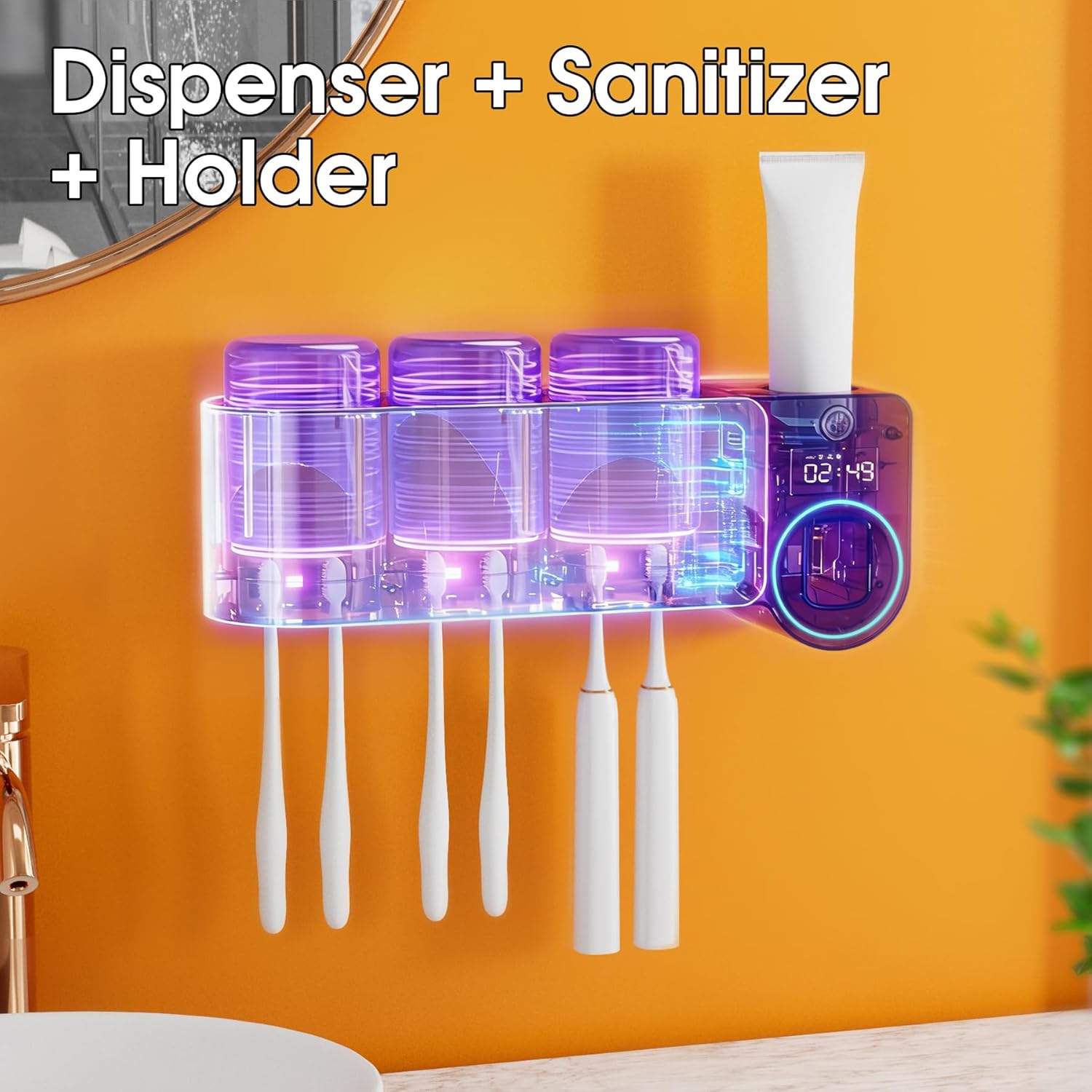 iHave Toothbrush Holder with Touchless Toothpaste Dispenser & UV Toothbrush Sanitizer for Bathrooms | 6-Slot Wall Mounted Organizer with Auto-Cycle Disinfection for Toothbrushes, Razor & 3 Cups