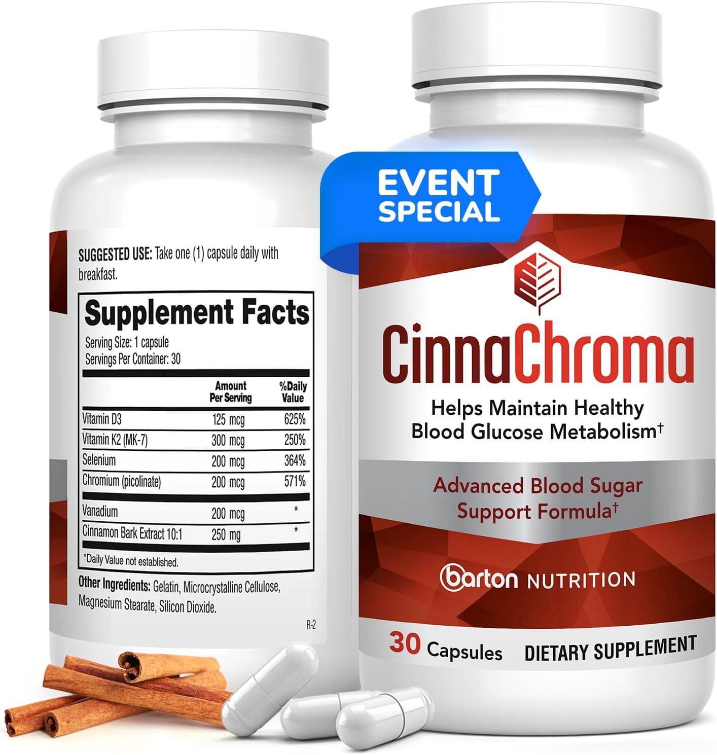 CinnaChroma Cinnamon Capsules - Cinnamon Extract Supplement with Chromium Picolinate and Vanadium - 30 Capsules - with VIT D3 and K2 to Support Metabolism and Cardiovascular Health
