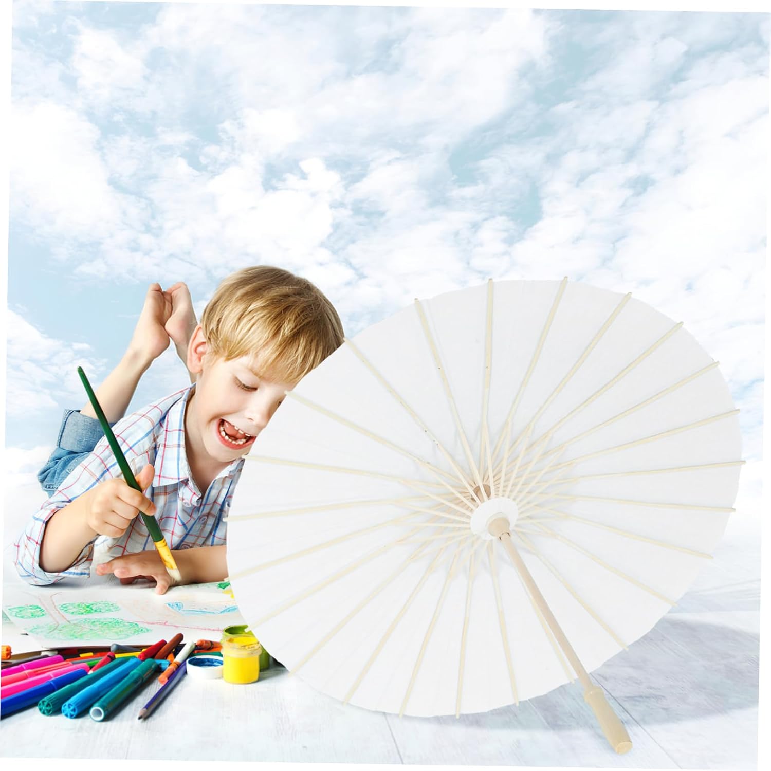 COLLBATH Unfinished Graffiti Paper Parasol Boys and Girls Drawing Umbrella Smooth Handle Chinese Style Blank Oiled Paper Umbrella for Creative Activities and Special Occasions