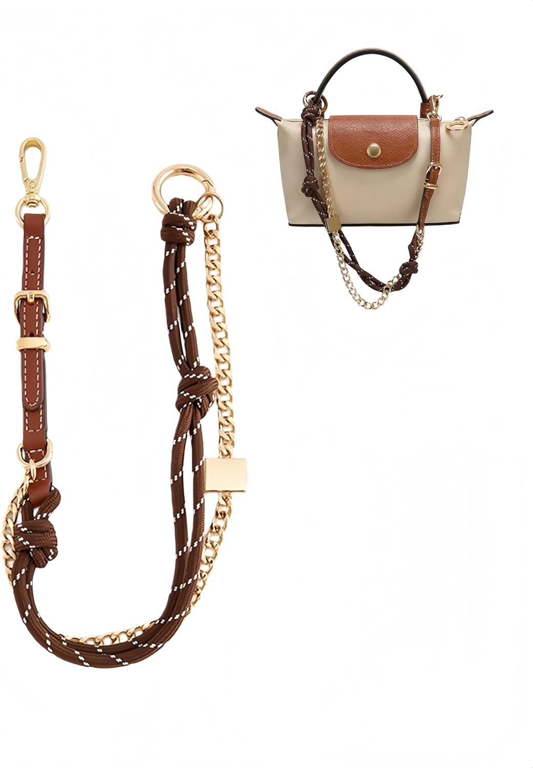Bag Extender Chain, Leather Woven Rope & Metal Purse Strap, 4 Colors Red Brown Blue Pink, 16 inch Adjustable with Clasps (Brown)