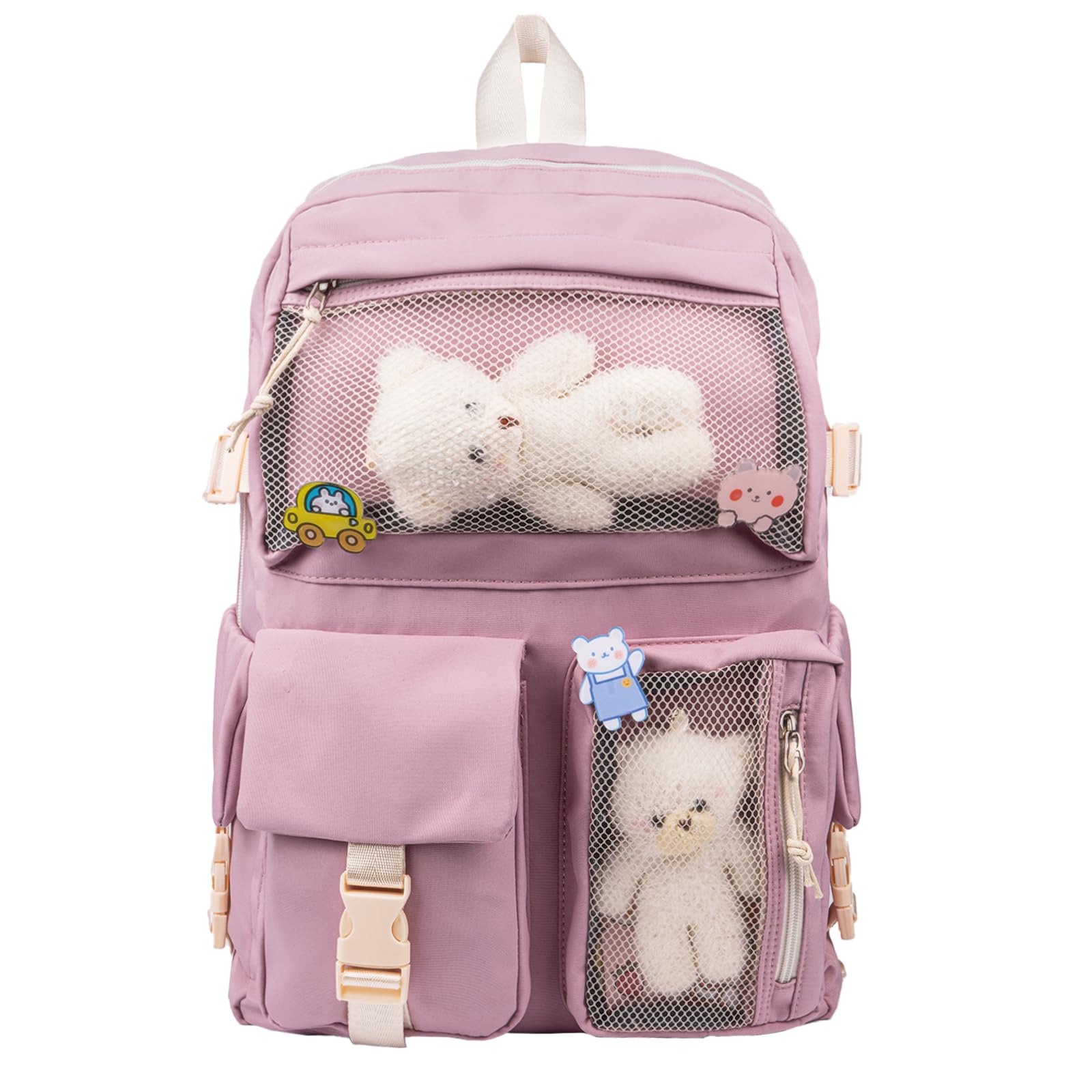 Thanps Kawaii Backpack for Girls, Cute Aesthetic Backpack with Pin Accessories Plush Pendant for School Girl Bookbag (Pink)