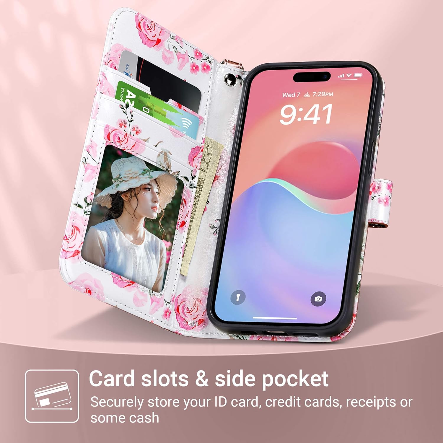 ULAK Compatible with iPhone 15 Plus Wallet Case for Women, PU Leather Floral Flip Cover with Card Holder Kickstand Feature Purse Case for iPhone 15 Plus 6.7'', Rose Gold - Image 4