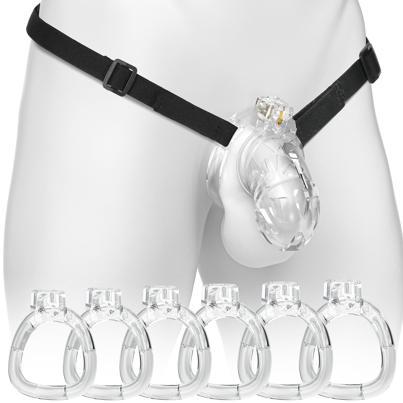 Vikkiy Male Chastity Cage, Soft Silicone Chastity Device with 6 Rings L Transparent