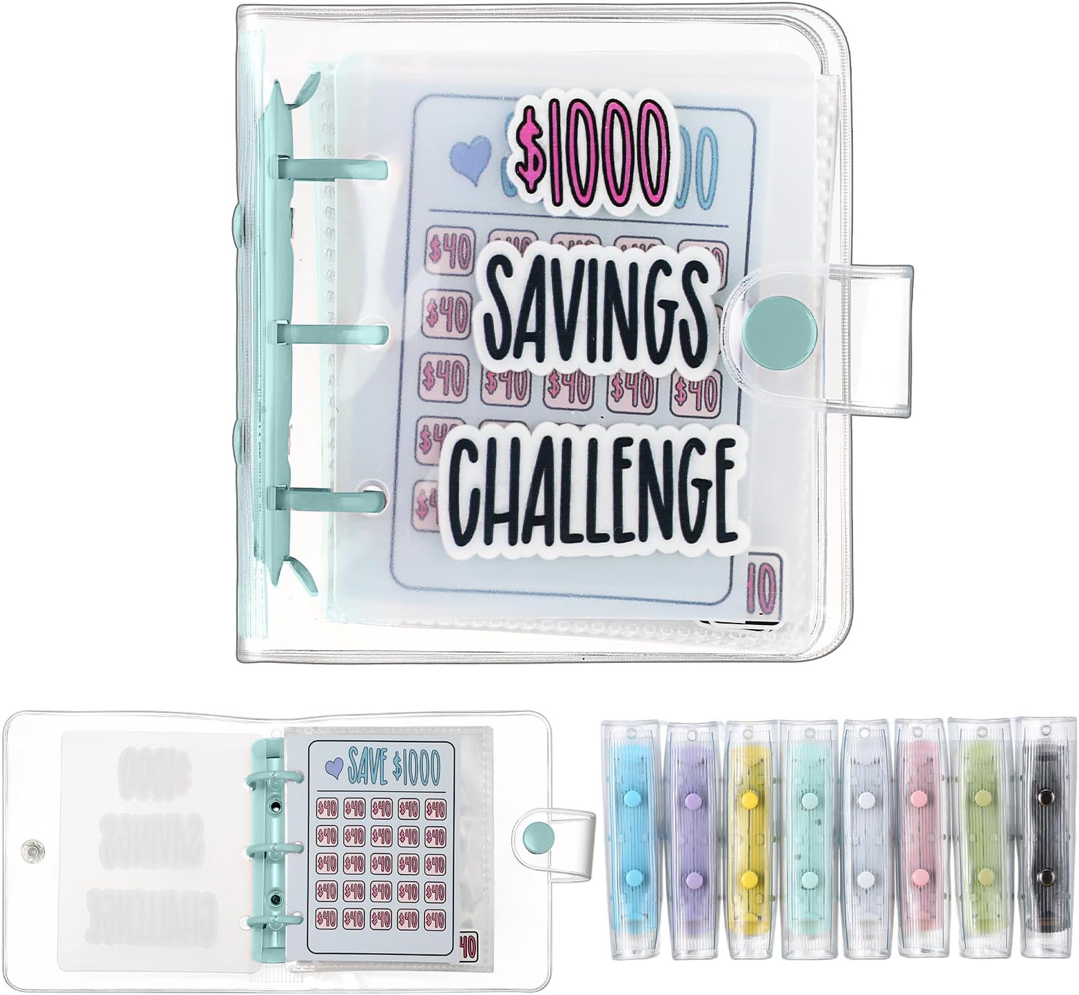 Jetec 1 Pcs 1000 Mini Money Saving Binder Money Saving Challenge Book with Envelopes for Budgeting Cash Planner Back to School Class Prize Exchange Gift (Mint Green)