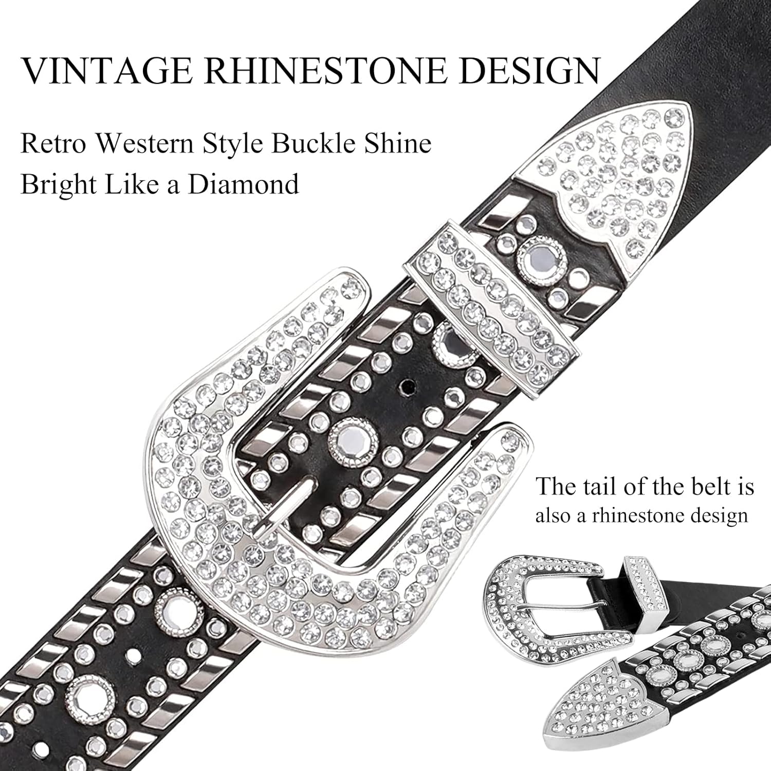 Rhinestone Leather Belt Western Cowgirl Cowboy Bling Studded Leather Belt Large Buckle Vintage Belt For Jeans Dress