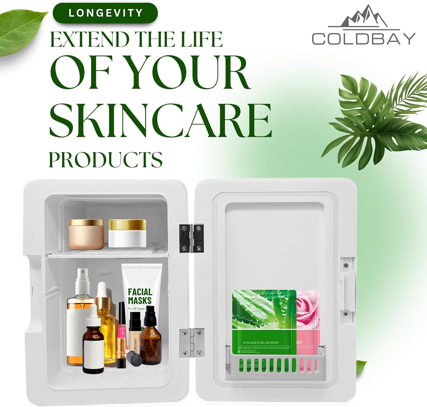 COLDBAY Skincare Fridge with Mirror Door, LED Light, Cool and Warm Makeup Vanity Refrigerator for cosmetic, drinks, compact Design for Bedroom Bathroom, Dorm, AC Cord, DC Adapter for car