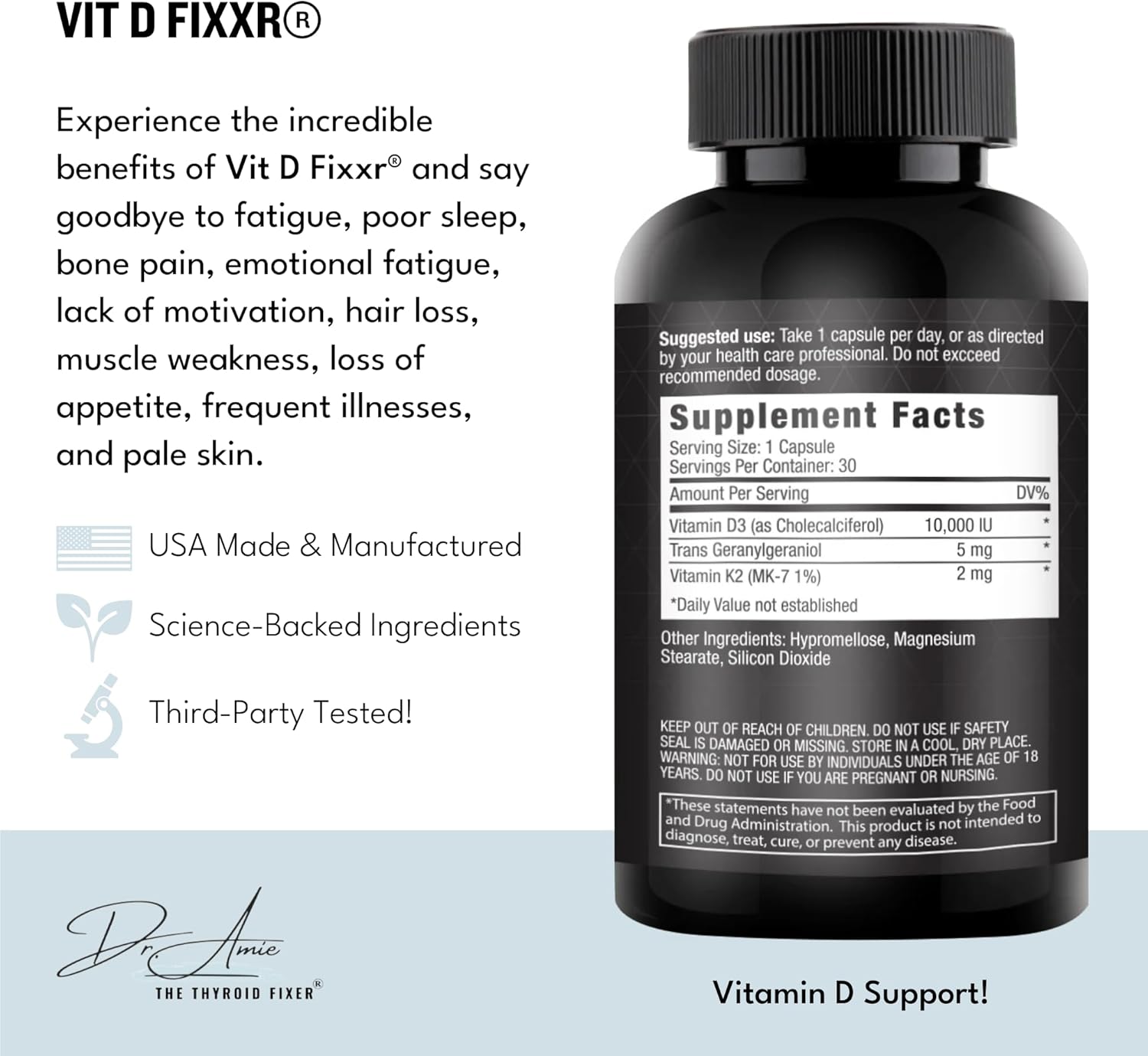 VIT D by Dr. Amie | High Potency Vitamin D with K1, K2, and geranylgeraniol (GG) | 10,000 IU per Capsule | 30 Day Supply, 30 Capsules