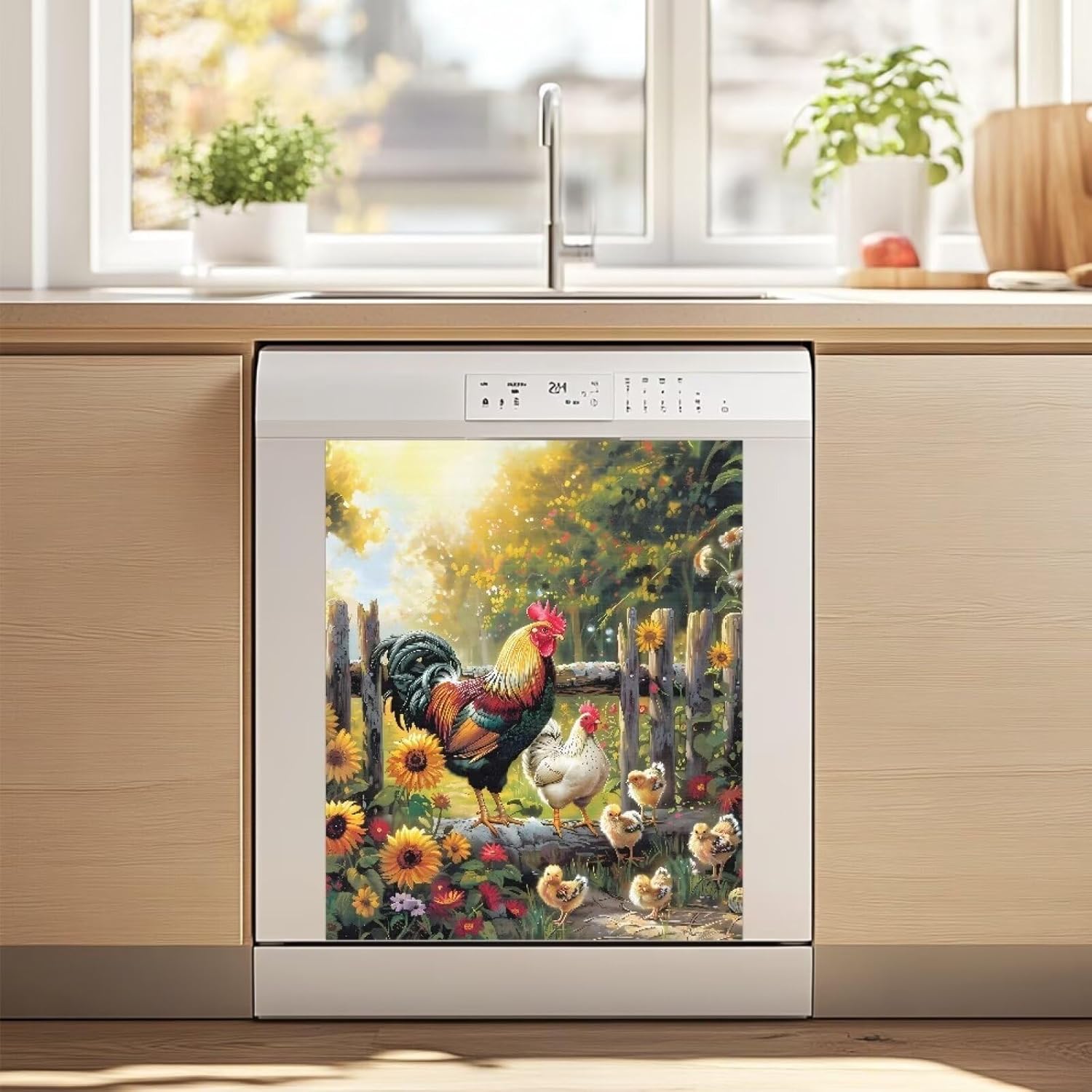 Dishwasher Front Panel Magnetic Cover Refrigerator Magnet Covers Kitchen Appliance Magnetic Panel Wrap Skin Home Decor Keep Off Smudges Stain, Chicken Rooster Chick Sunflower Farmhouse Style