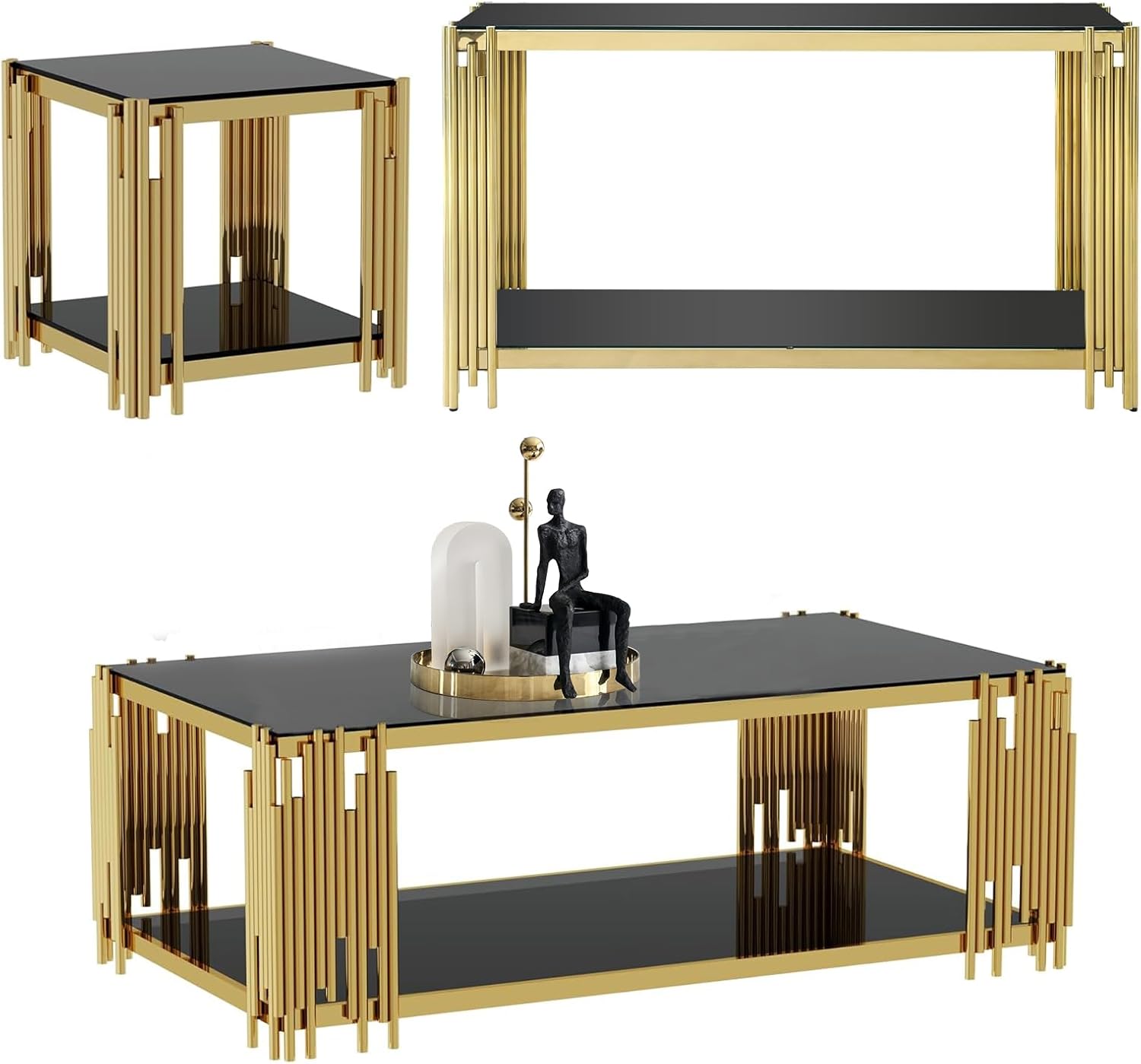 Goujxcy Gold Coffee Table Set of 3, Modern 2-Tier Black Glass Coffee Table End Table Console Table with Mirrored Stainless Steel Frame, 3 Pieces Living Room Table Set for Apartment Office