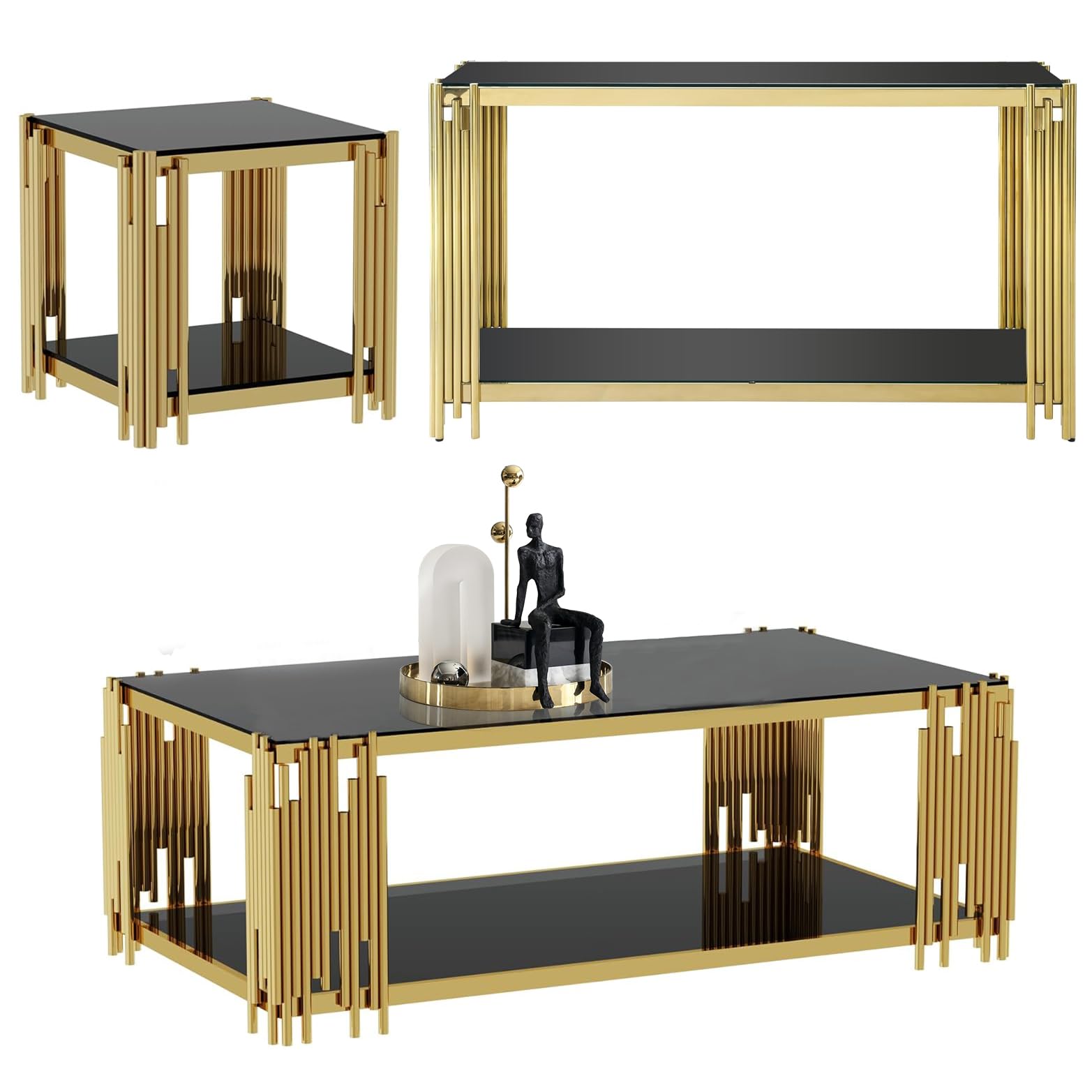 Glass Coffee Table Set of 3, 3 Piece Living Room Table Set Include 1 Coffee Table & 1 End Table & 1 Console Table, Modern 2-Tier Black Gold Coffee
