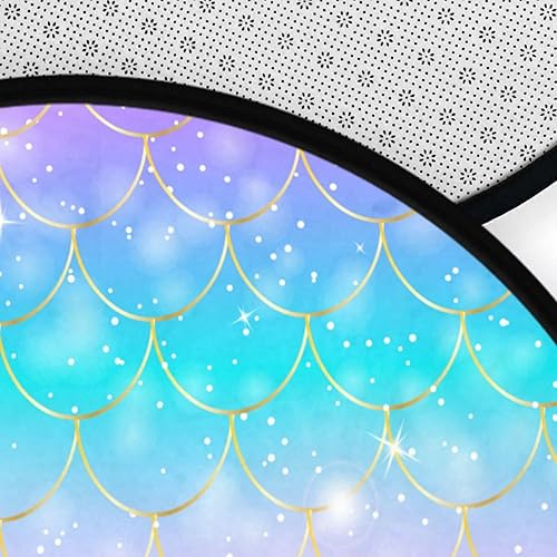 Miniatura 5 de DIGTIA Alfombra redonda de 3 pies para dormitorio, lavable, con purpurina, escamas de sirena, alfombra antideslizante con respaldo de goma, azul,