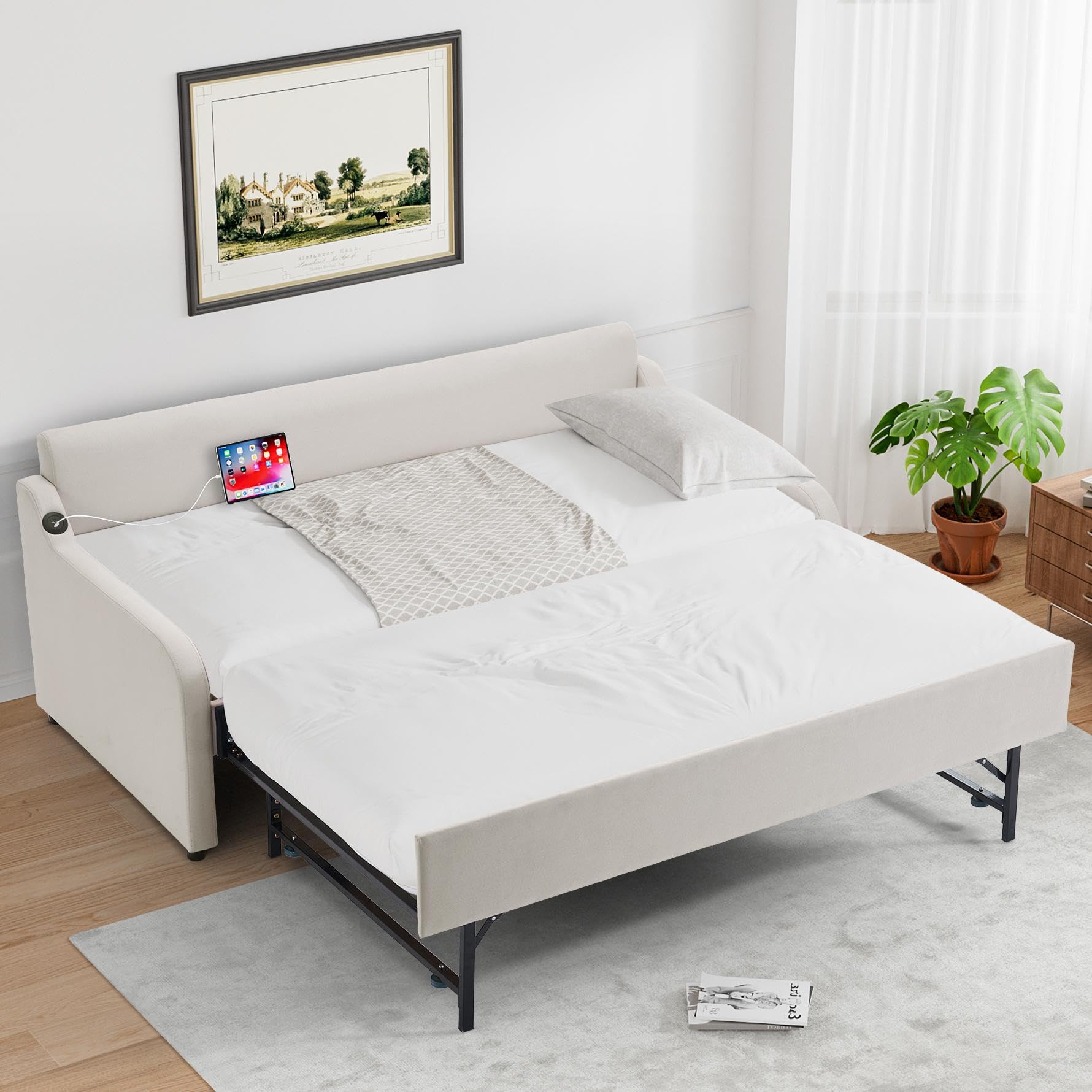 Rophefx Linen Daybed in Beige with Pop-Up Trundle