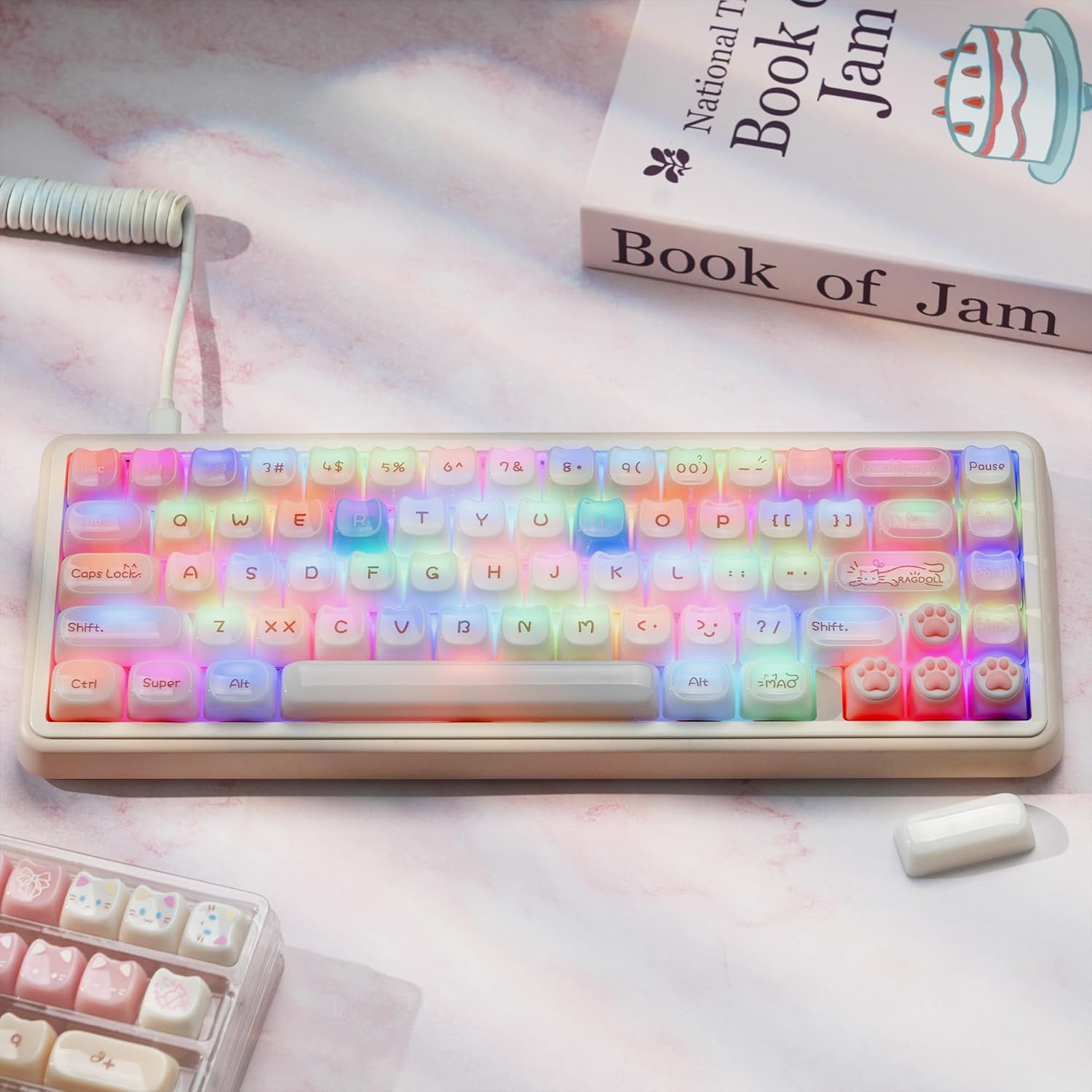 Jelly Jade Keycaps, Translucent Cute Ragdoll Cat Key caps, Mao Profile, Custom 148 Keys Set for 100%, 75%, 65%, 60% Mechanical Keyboard (Pink)
