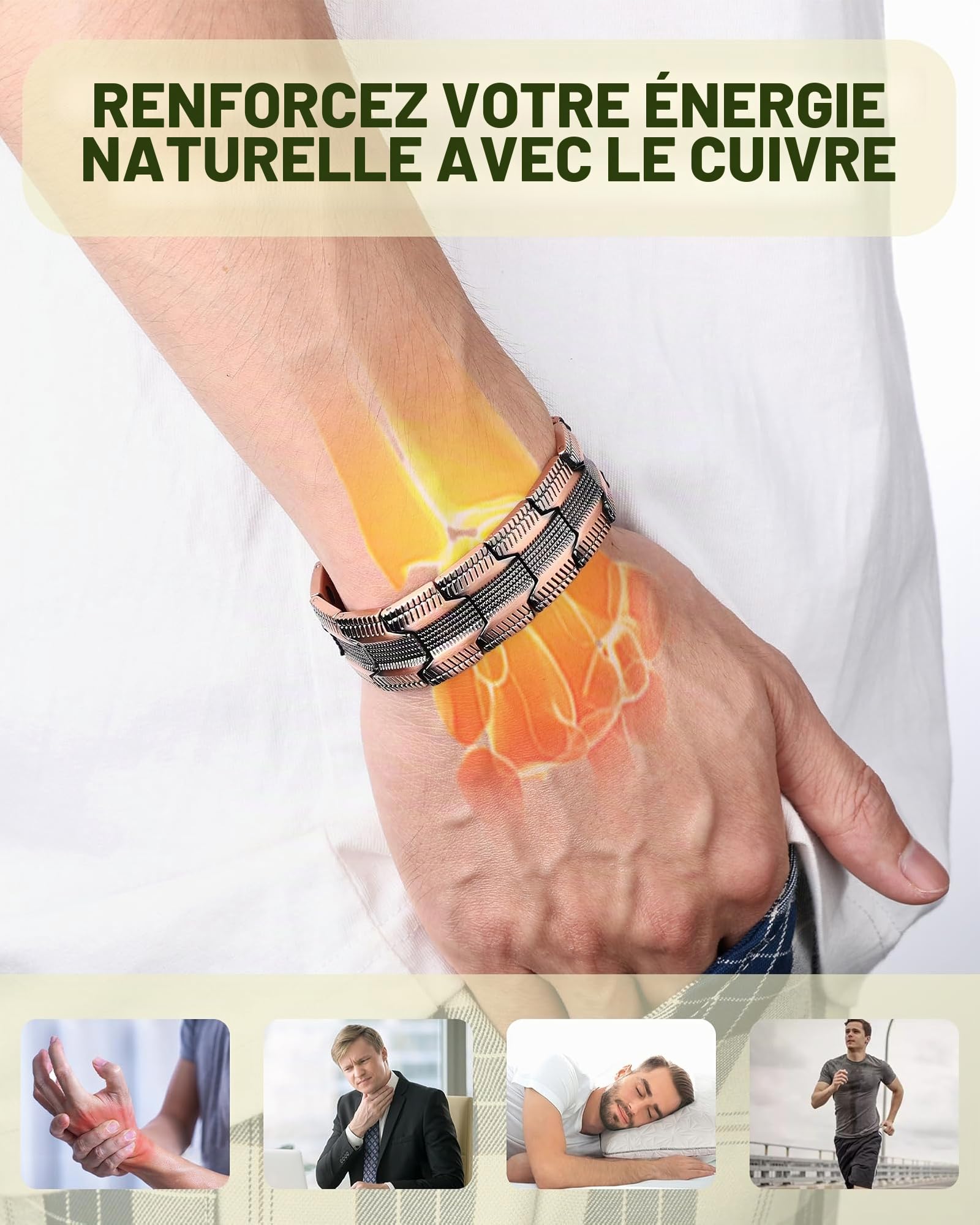 MagEnergy Bracelet en cuivre pour homme - Trois aimants ultra puissants - Design masculin - Bracelet magnétique en cuivre pur - Longueur réglable avec outil de réglage de la taille, Eine Grösse