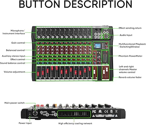 Miniatura 8 de FULODE CT120S mezclador de audio de 12 canales, consola con Bluetooth USB, mezclador de DJ, equipo de DJ para entrada de grabación de computadora,