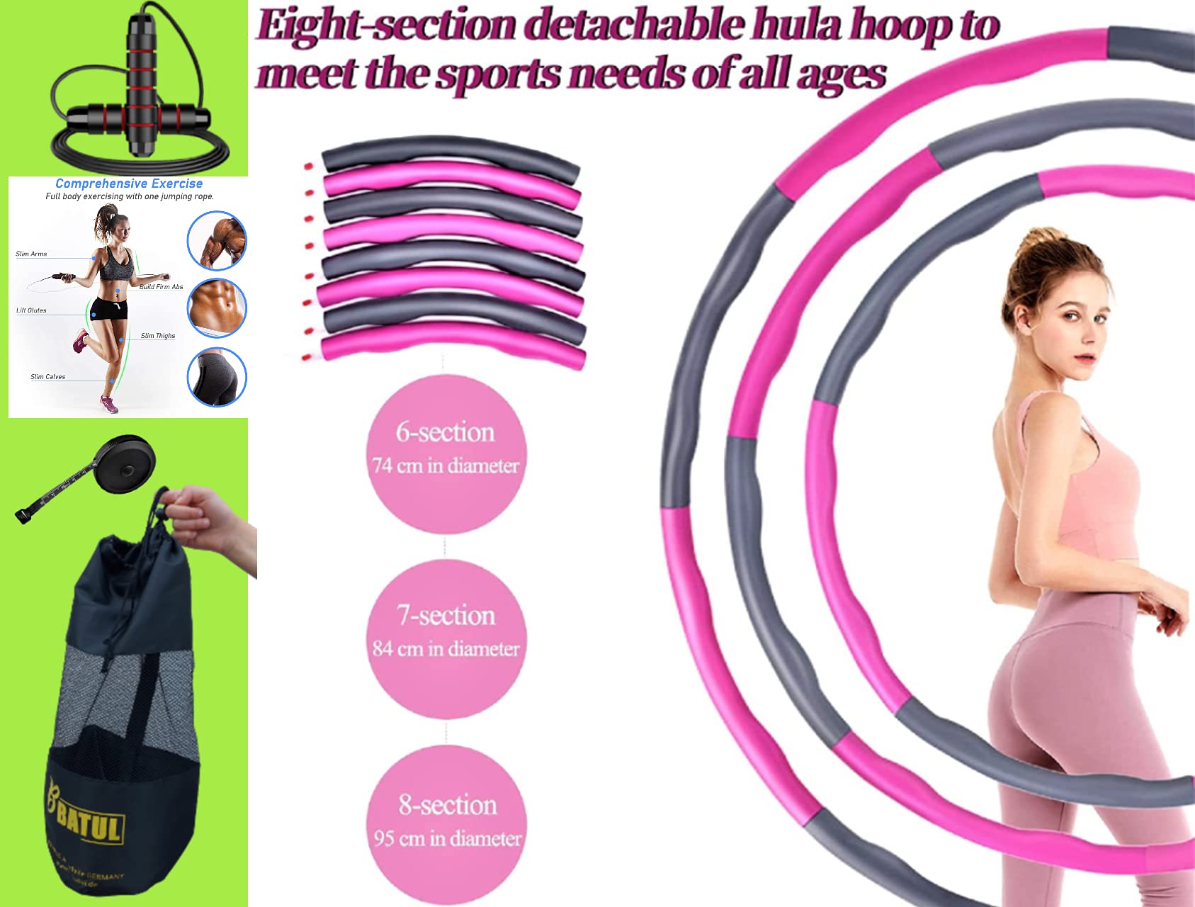 Hula Hoop Ring Reifen Erwachsene und Kinder 5-8 Sektionen Abnehmen & HIIT Training | Bauch Beine Po Training | Fitness Set 4-teilig inklusive Springseil, Maßband & Tasche zur Aufbewahrung