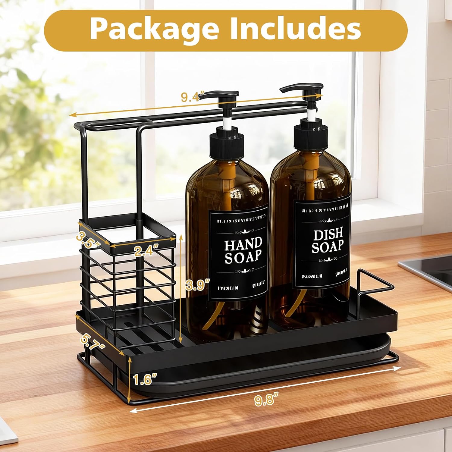 Kitchen Dish Soap Dispenser Set with 2 Pack 17oz Amber Glass Bottles - Rustproof Stainless Steel Organizer & Removable Tray - Farmhouse Soap and Sponge Caddy for Kitchen Sink Countertop Decor image 3