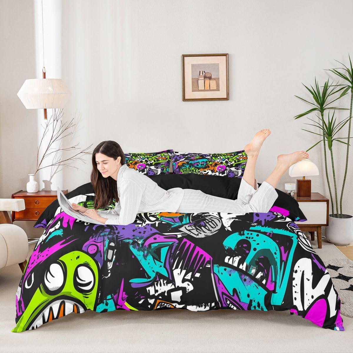 Feelyou Hip Hop Hipster Comforter Cover Set Kids Boys Hippie Graffiti Pattern Duvet Cover Street Culture Bedding Set Watercolor Art Bedspread Cover with 1 Pillowcase 2Pcs Twin Size…