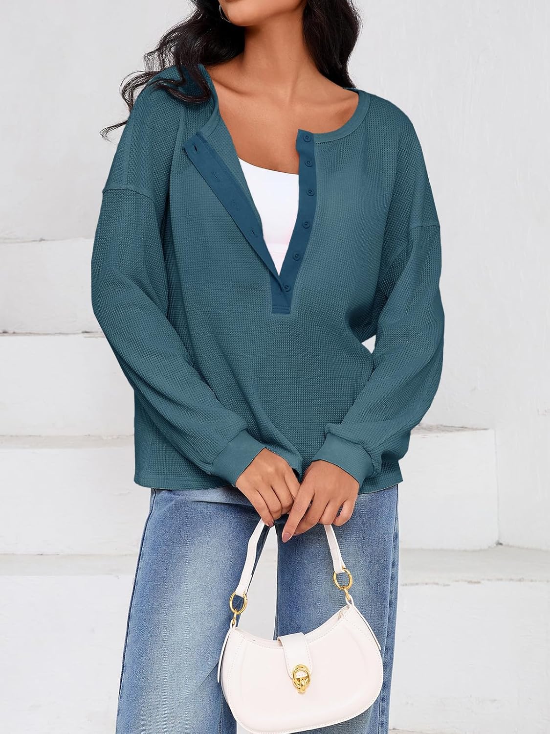 Fisoew Womens Cropped Sweatshirt Casual Waffle Knit Button V Neck Long Sleeve Loose Fit Fall Crop Tops - Image 2