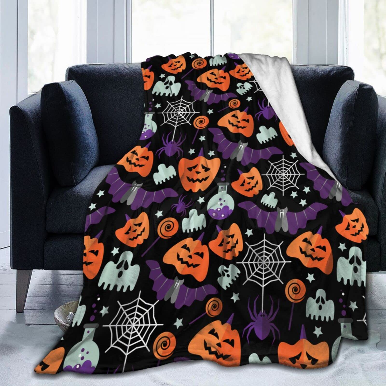 Lsjuee Halloween Throw Blanket Warm Blankets Lightweight Soft Cozy Flannel Funny Halloween Blanket for Sofa Couch Bed 80"X60"